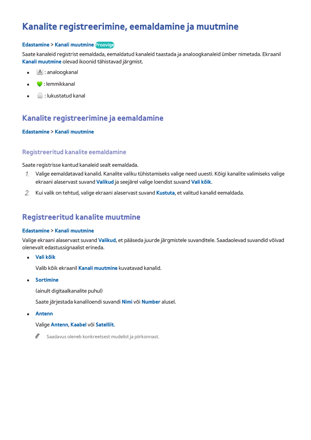 Samsung UE85HU7500TXXH manual Kanalite registreerimine, eemaldamine ja muutmine, Kanalite registreerimine ja eemaldamine 