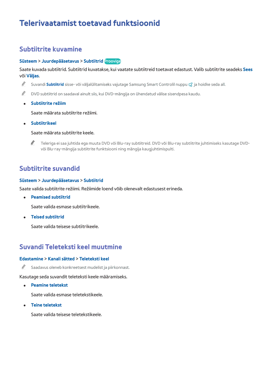 Samsung UE65HU7100SXXH, UE55HU7200SXXH Telerivaatamist toetavad funktsioonid, Subtiitrite kuvamine, Subtiitrite suvandid 