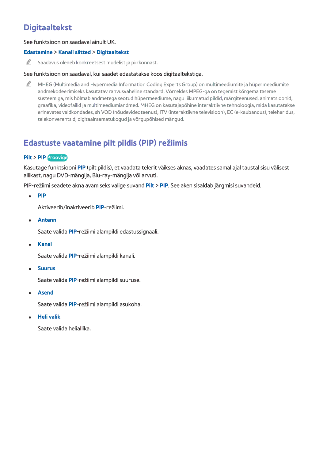 Samsung UE55HU7100SXXH, UE55HU7200SXXH, UE65HU7200SXZG manual Digitaaltekst, Edastuste vaatamine pilt pildis PIP režiimis 