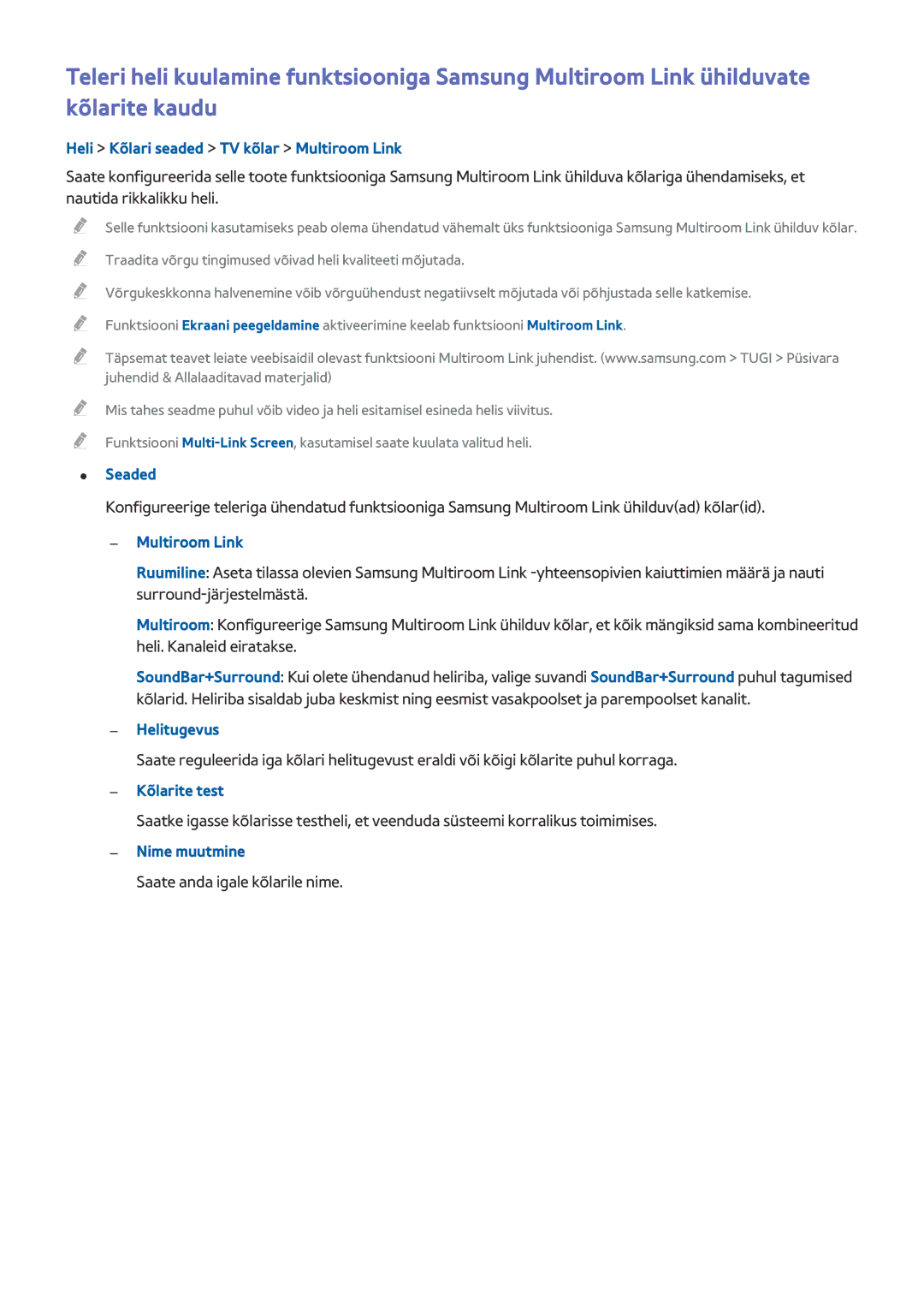 Samsung UE55HU7500TXXH manual Heli Kõlari seaded TV kõlar Multiroom Link, Helitugevus, Kõlarite test, Nime muutmine 