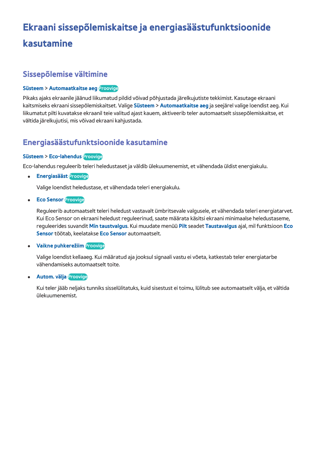 Samsung UE65HU7500TXXH, UE55HU7200SXXH, UE65HU7200SXZG manual Sissepõlemise vältimine, Energiasäästufunktsioonide kasutamine 