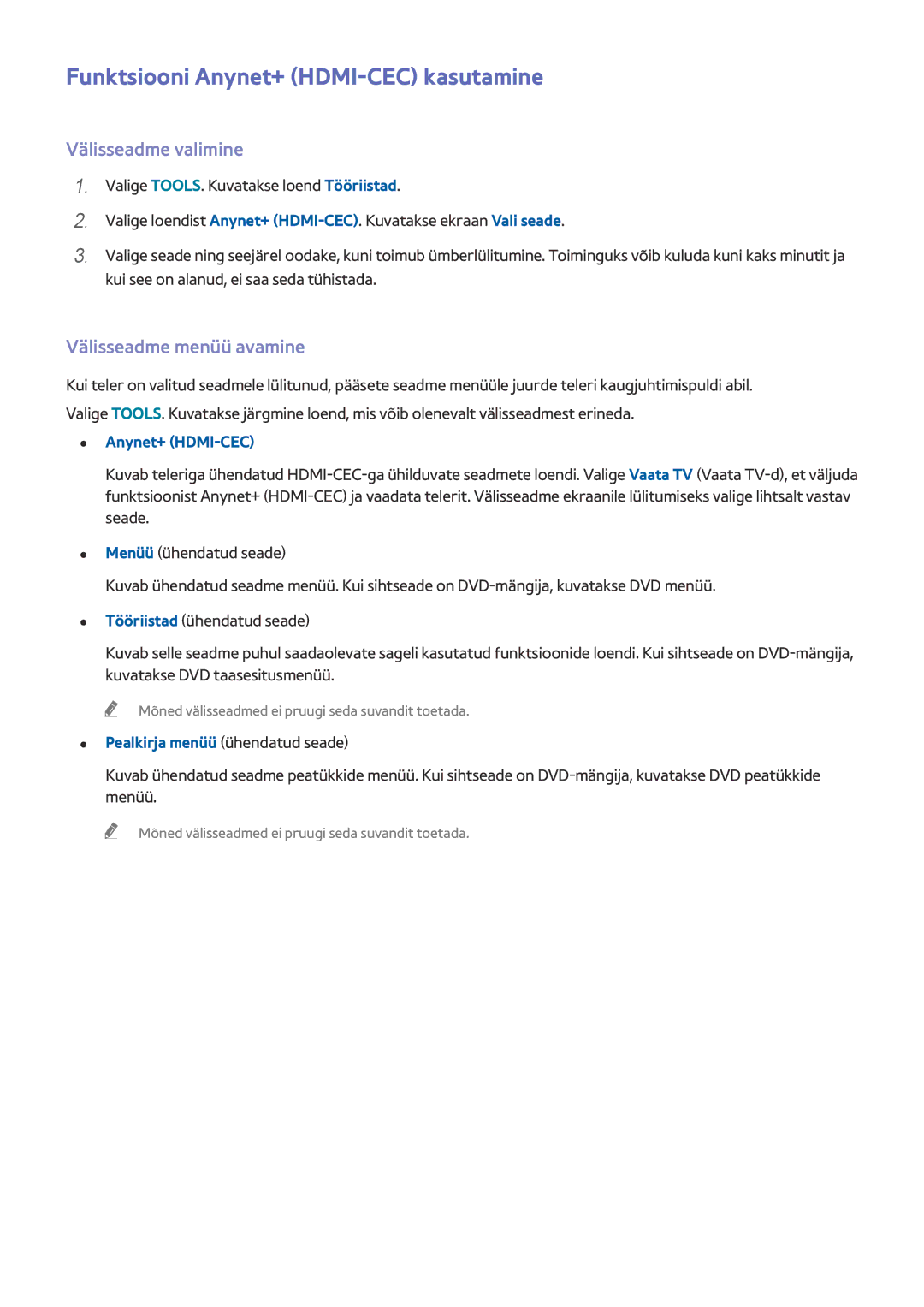 Samsung UE75HU7500TXXH manual Funktsiooni Anynet+ HDMI-CEC kasutamine, Välisseadme valimine, Välisseadme menüü avamine 