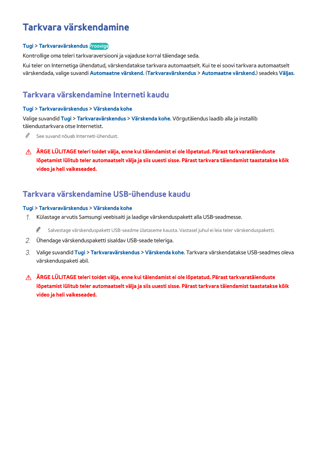 Samsung UE55HU8200TXXH manual Tarkvara värskendamine Interneti kaudu, Tarkvara värskendamine USB-ühenduse kaudu 