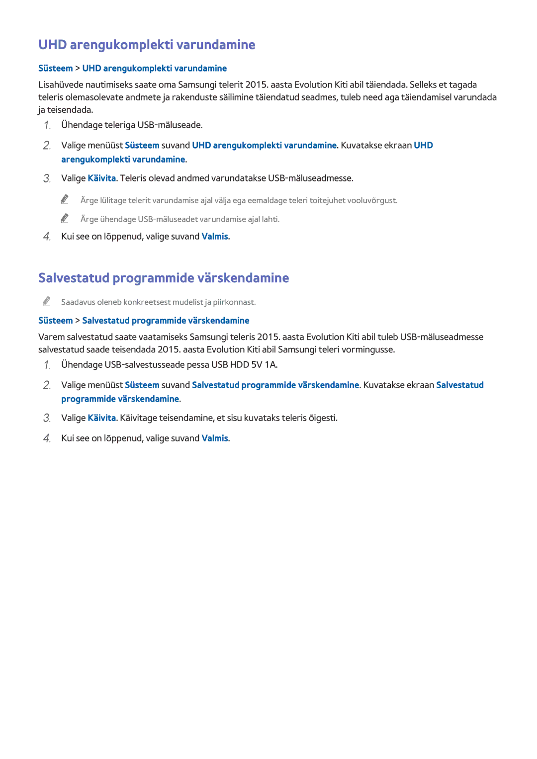 Samsung UE55HU8500TXXH, UE55HU7200SXXH manual UHD arengukomplekti varundamine, Salvestatud programmide värskendamine 