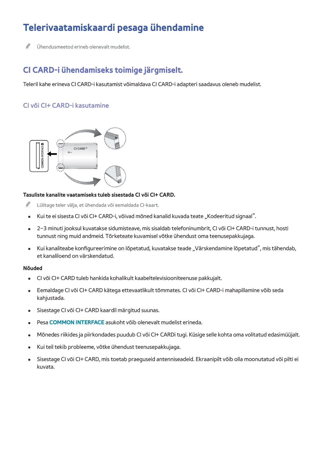 Samsung UE65HU7500TXXH, UE55HU7200SXXH Telerivaatamiskaardi pesaga ühendamine, CI CARD-i ühendamiseks toimige järgmiselt 