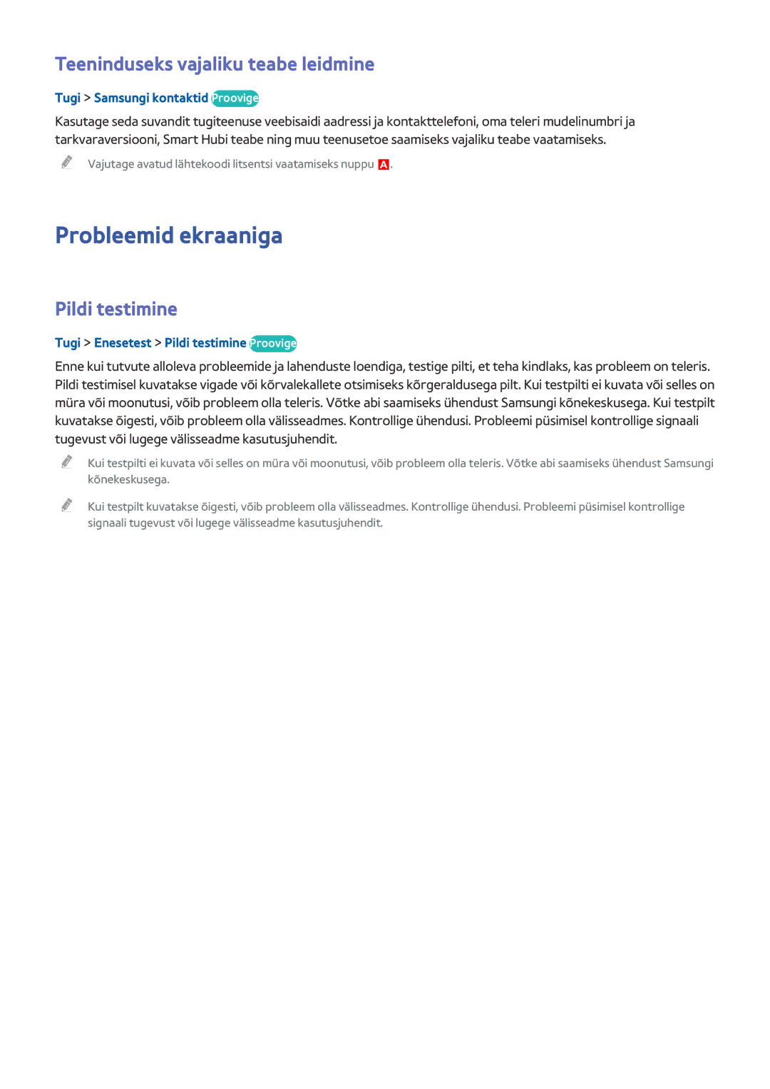 Samsung UE55HU7100SXXH, UE55HU7200SXXH manual Probleemid ekraaniga, Teeninduseks vajaliku teabe leidmine, Pildi testimine 