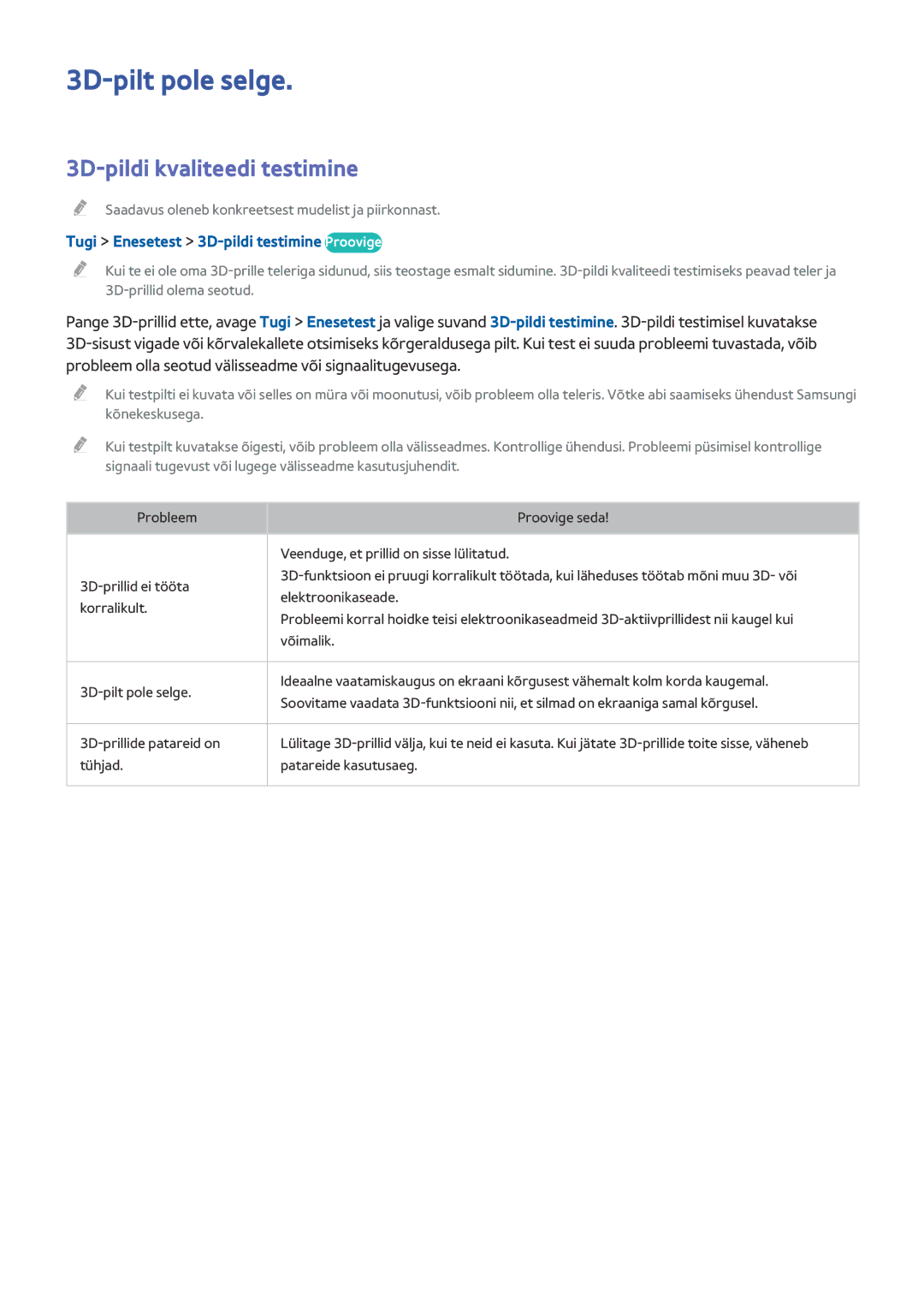 Samsung UE55HU6900SXZG manual 3D-pilt pole selge, 3D-pildi kvaliteedi testimine, Tugi Enesetest 3D-pildi testimine Proovige 