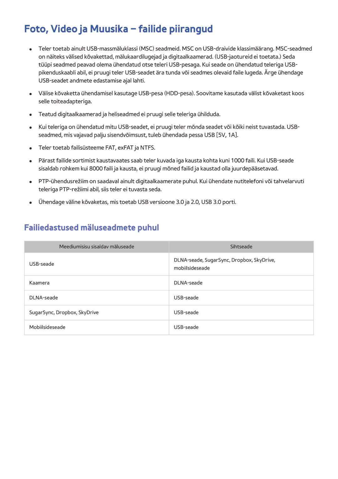 Samsung UE65HU8200TXXH, UE55HU7200SXXH manual Foto, Video ja Muusika failide piirangud, Failiedastused mäluseadmete puhul 
