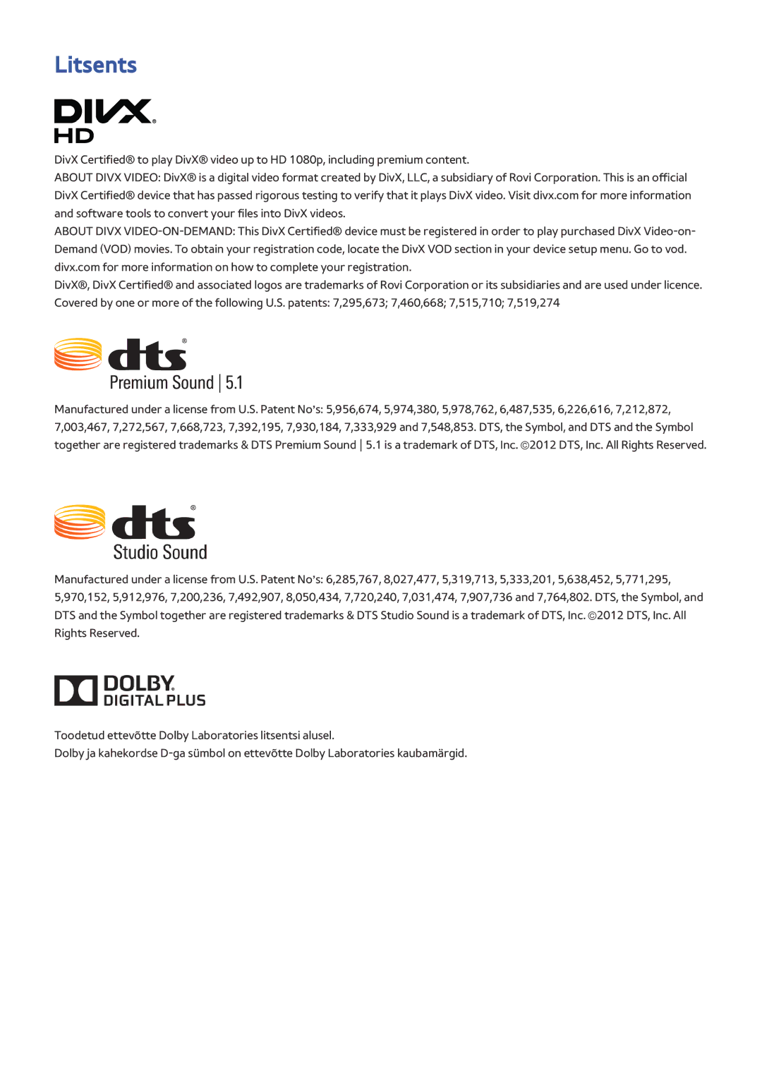 Samsung UE55HU7500TXXH, UE55HU7200SXXH, UE65HU7200SXZG, UE65HU7200SXXH, UE55HU6900SXZG, UE55HU8500TXXH, UE50HU6900UXXH Litsents 