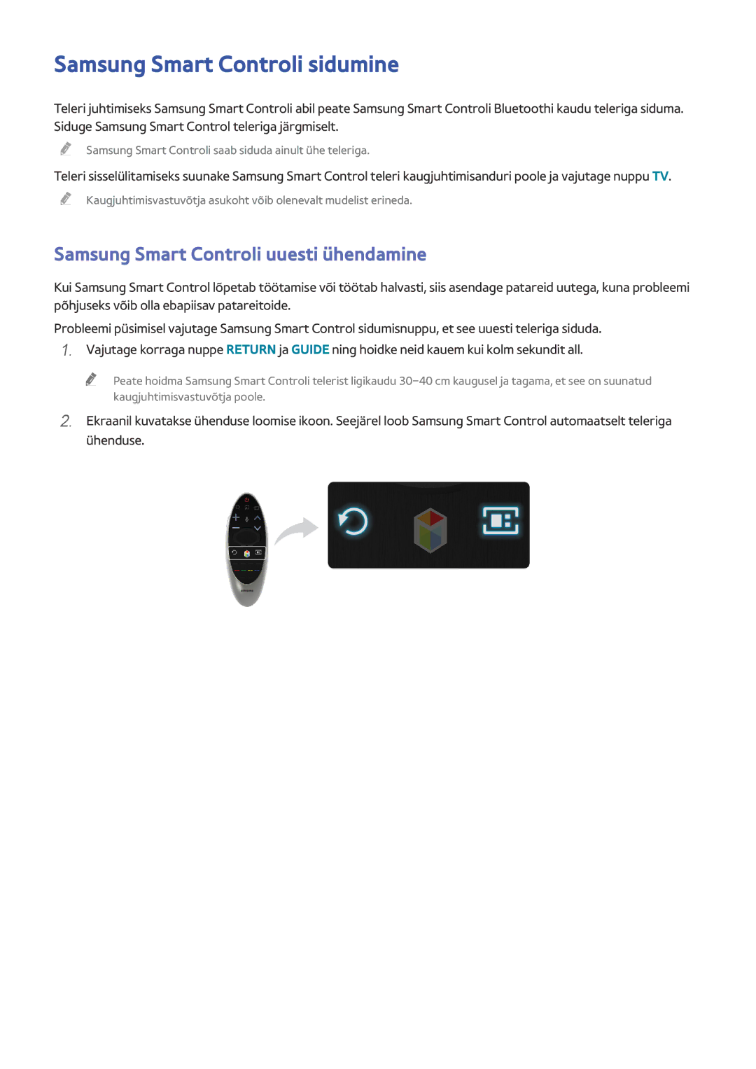 Samsung UE55HU6900SXZG, UE55HU7200SXXH manual Samsung Smart Controli sidumine, Samsung Smart Controli uuesti ühendamine 