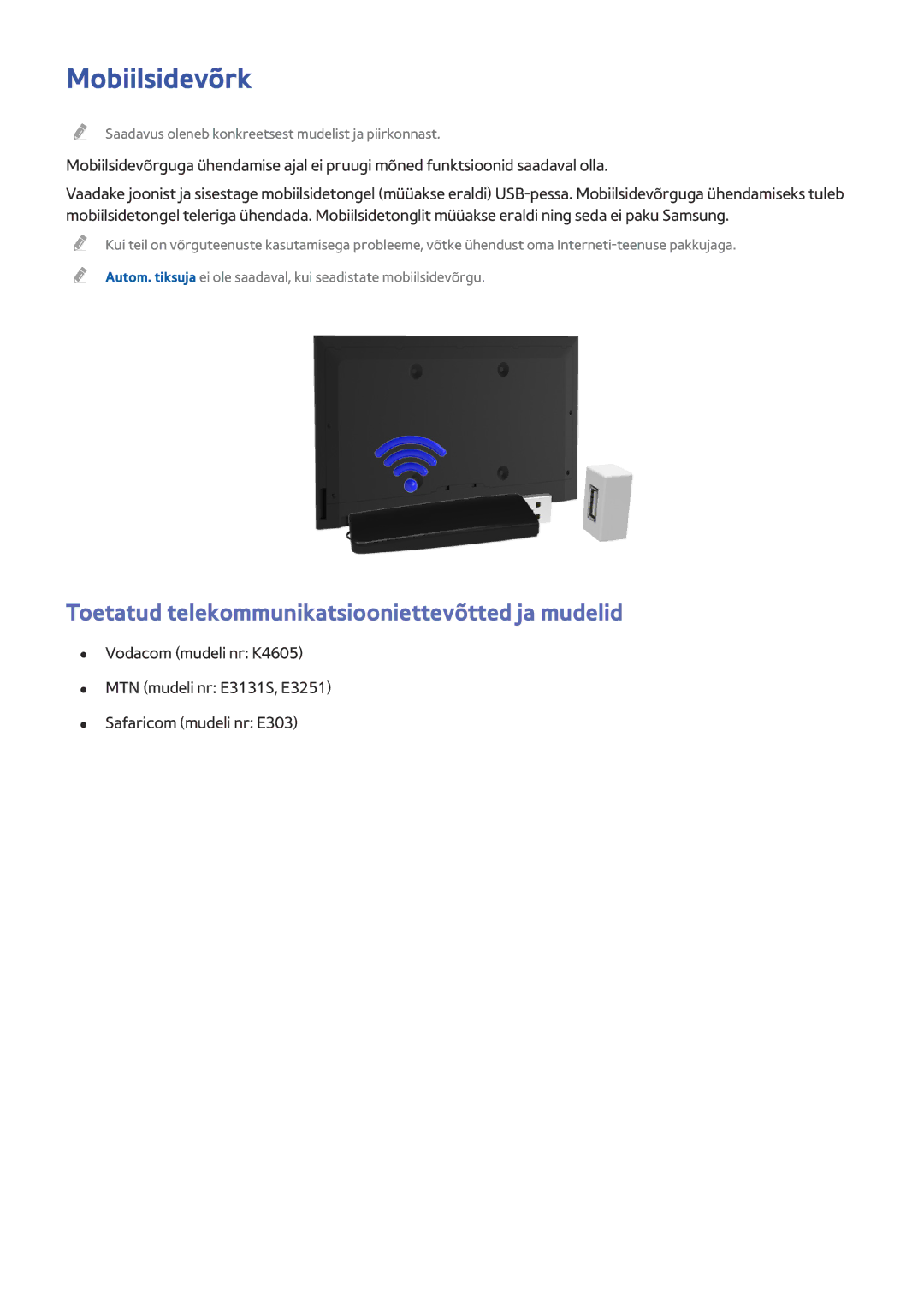 Samsung UE65HU8200TXXH, UE55HU7200SXXH, UE65HU7200SXZG Mobiilsidevõrk, Toetatud telekommunikatsiooniettevõtted ja mudelid 