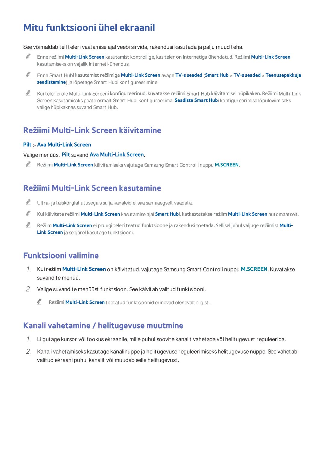 Samsung UE55HU6900UXXH manual Mitu funktsiooni ühel ekraanil, Režiimi Multi-Link Screen käivitamine, Funktsiooni valimine 