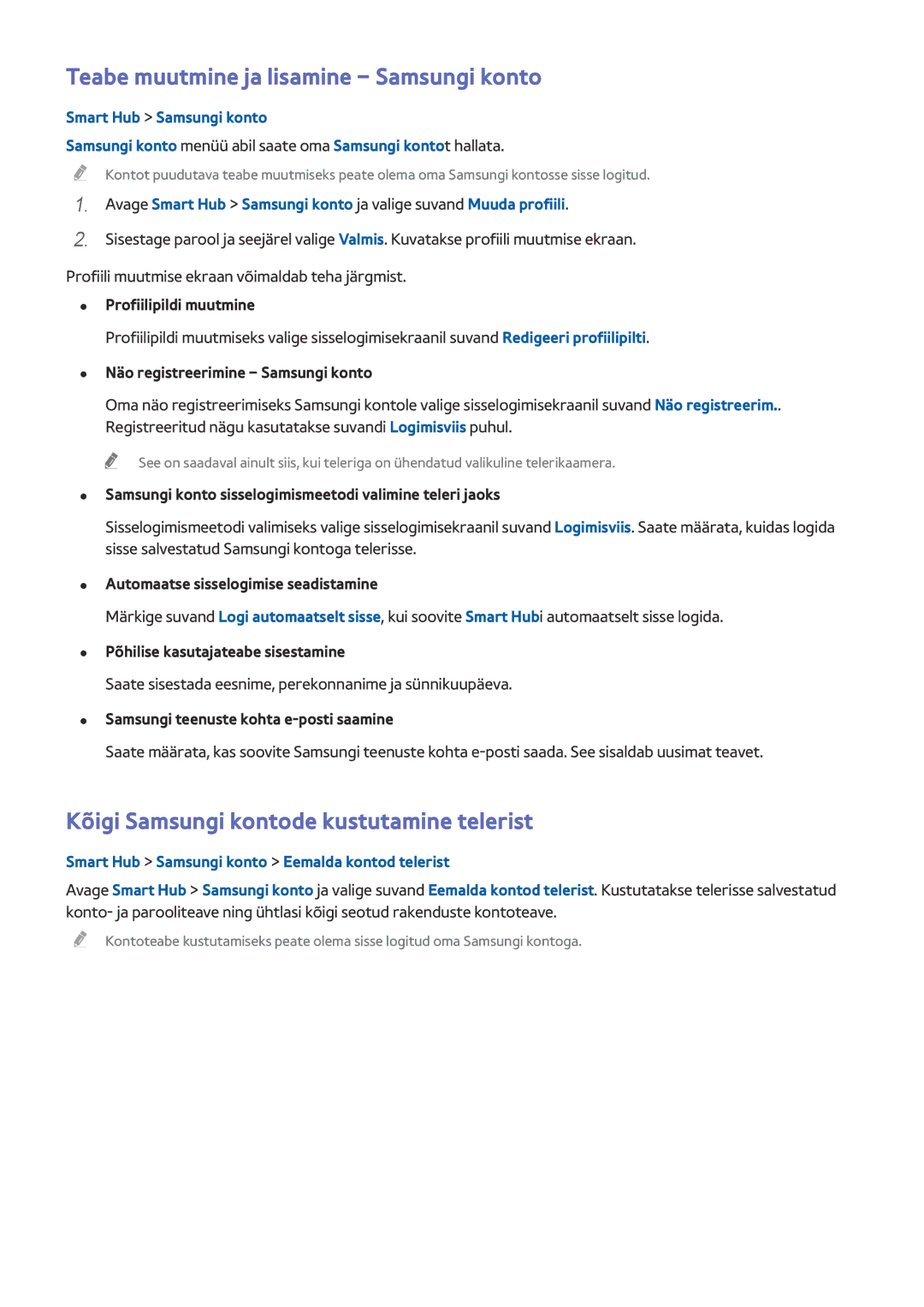 Samsung UE65HU7200SXXH manual Teabe muutmine ja lisamine Samsungi konto, Kõigi Samsungi kontode kustutamine telerist 