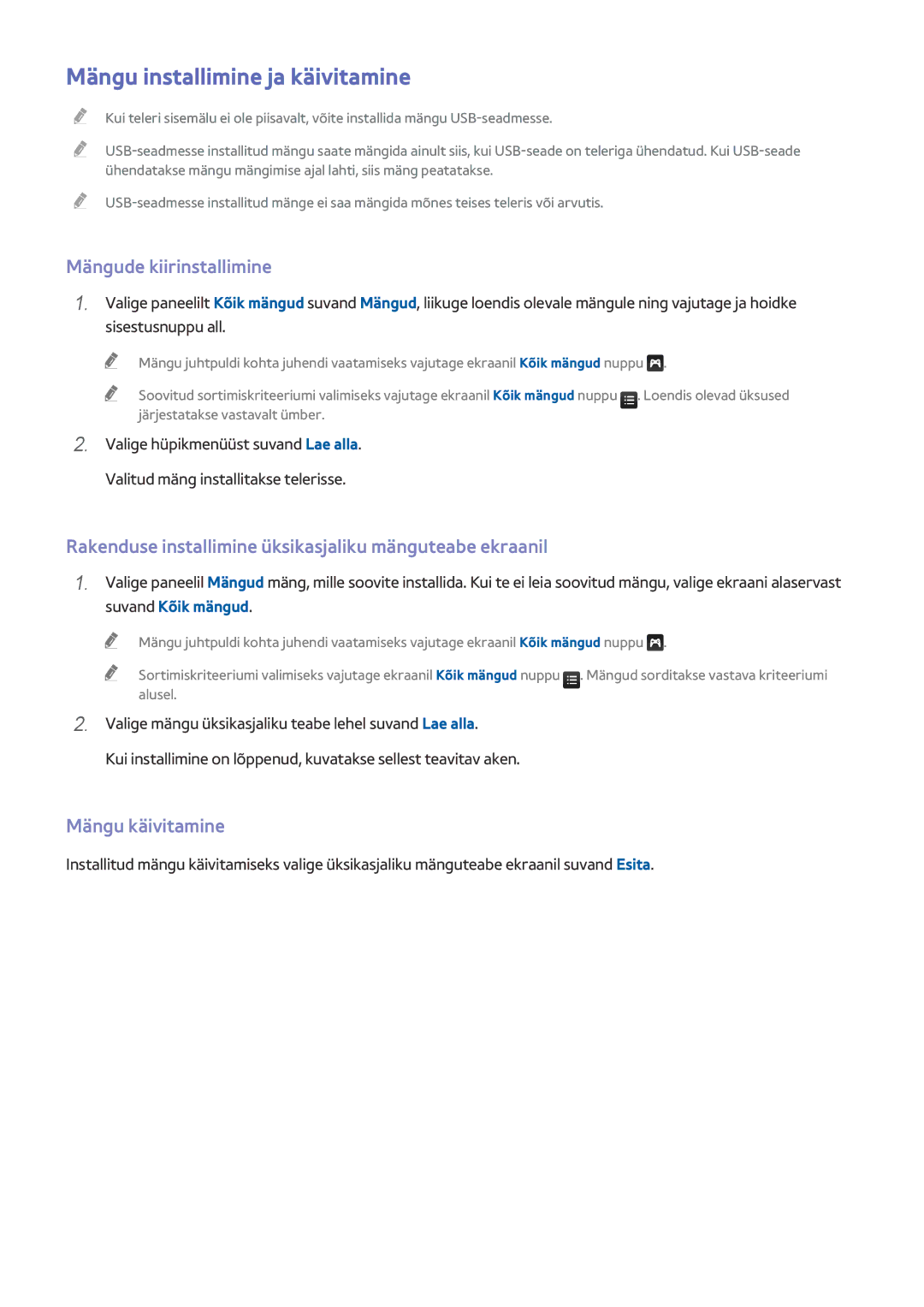 Samsung UE55HU7500TXXH, UE55HU7200SXXH manual Mängu installimine ja käivitamine, Mängude kiirinstallimine, Mängu käivitamine 