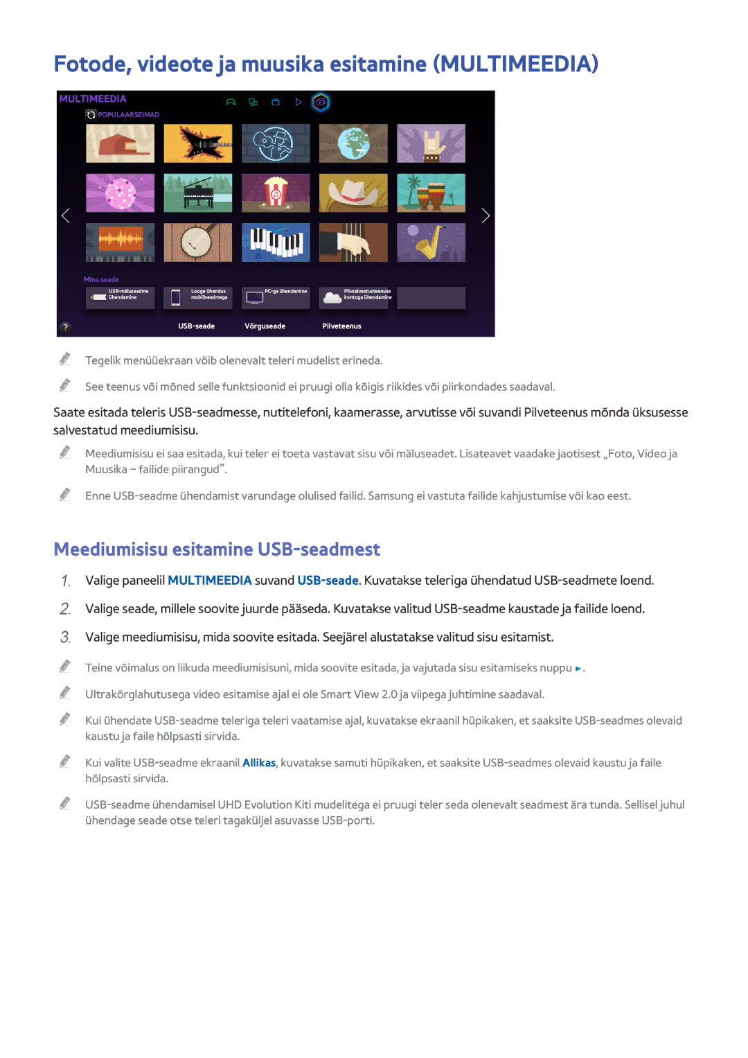 Samsung UE50HU6900UXXH manual Fotode, videote ja muusika esitamine Multimeedia, Meediumisisu esitamine USB-seadmest 