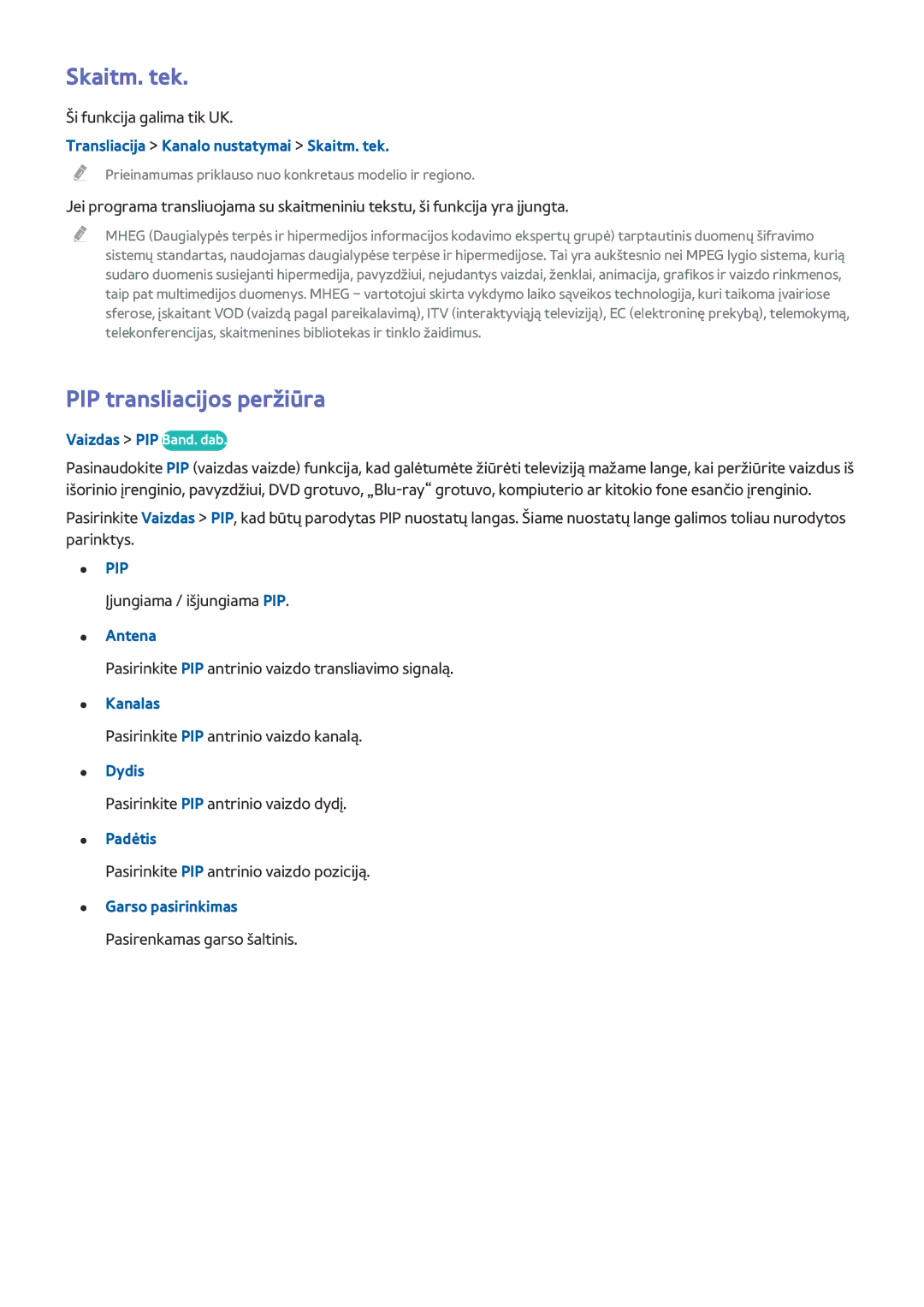 Samsung UE55HU7100SXXH, UE55HU7200SXXH, UE65HU7200SXZG, UE65HU7200SXXH manual Skaitm. tek, PIP transliacijos peržiūra 