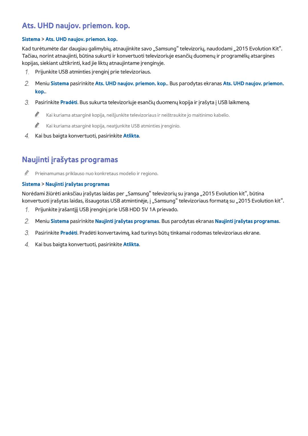 Samsung UE55HU8500TXXH, UE55HU7200SXXH manual Naujinti įrašytas programas, Sistema Ats. UHD naujov. priemon. kop 