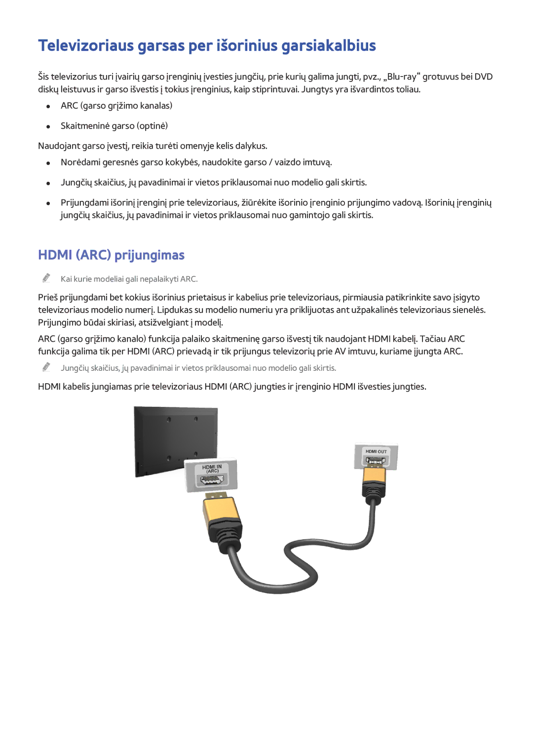 Samsung UE50HU6900UXXH, UE55HU7200SXXH manual Televizoriaus garsas per išorinius garsiakalbius, Hdmi ARC prijungimas 