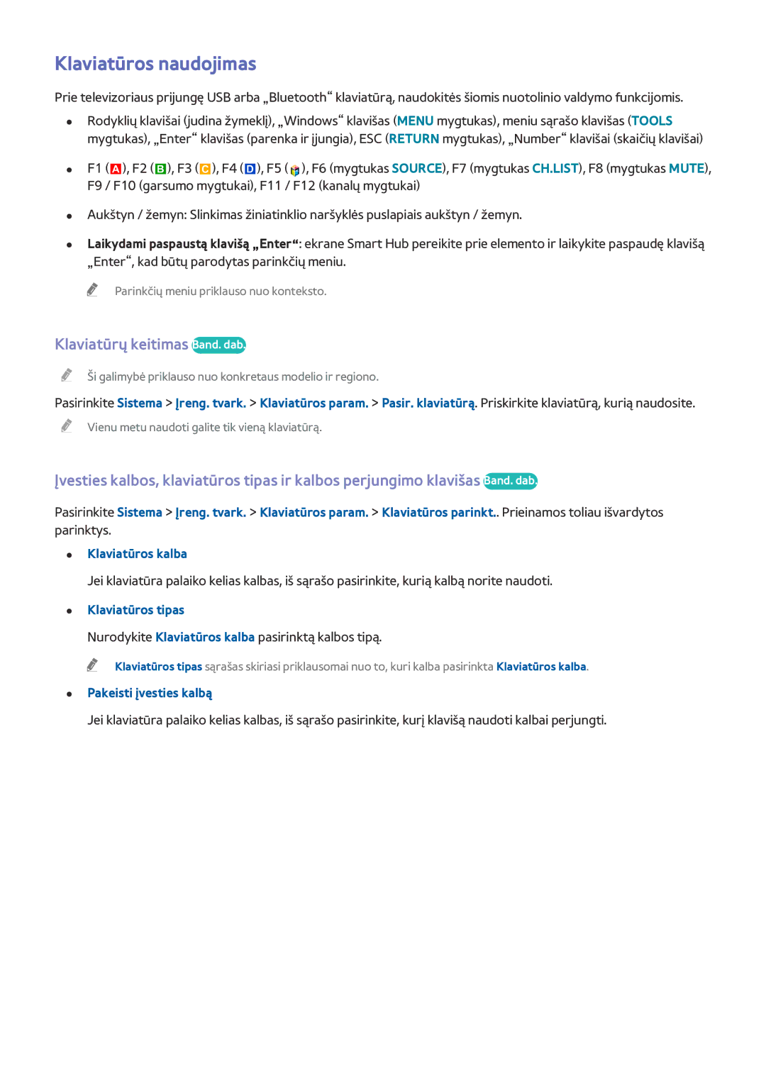 Samsung UE55HU8200TXXH Klaviatūros naudojimas, Klaviatūrų keitimas Band. dab, Klaviatūros tipas, Pakeisti įvesties kalbą 