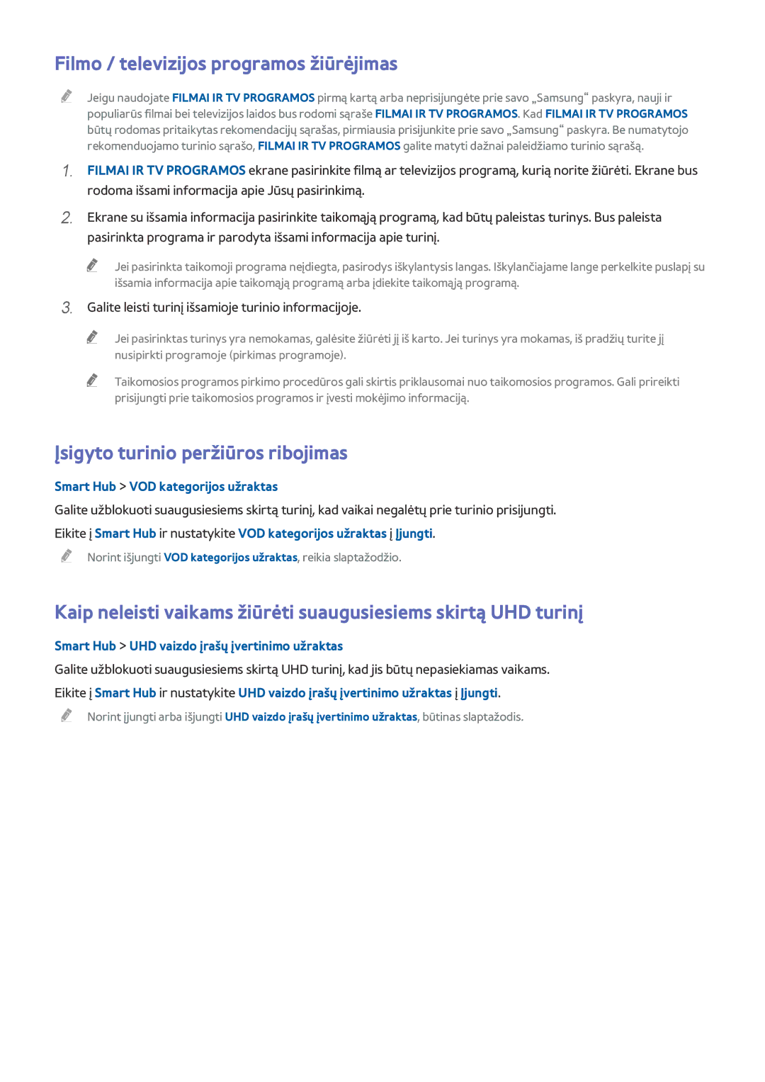 Samsung UE55HU7500TXXH, UE55HU7200SXXH manual Filmo / televizijos programos žiūrėjimas, Įsigyto turinio peržiūros ribojimas 