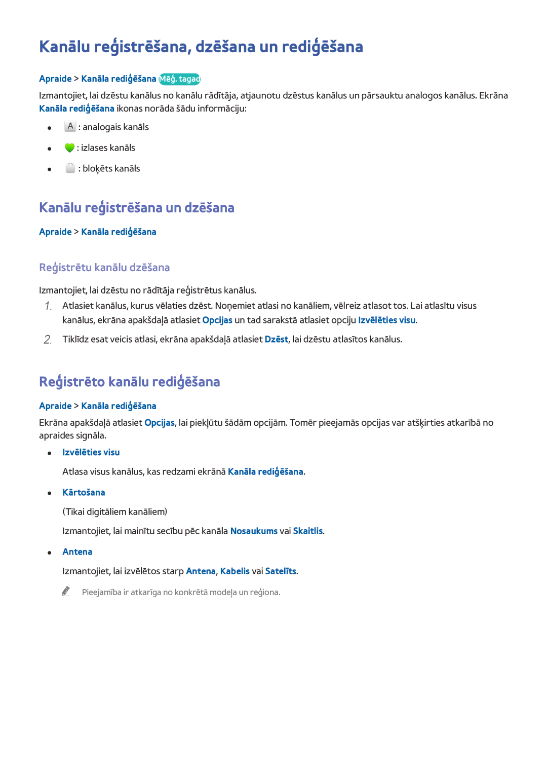 Samsung UE85HU7500TXXH, UE55HU7200SXXH manual Kanālu reģistrēšana, dzēšana un rediģēšana, Kanālu reģistrēšana un dzēšana 