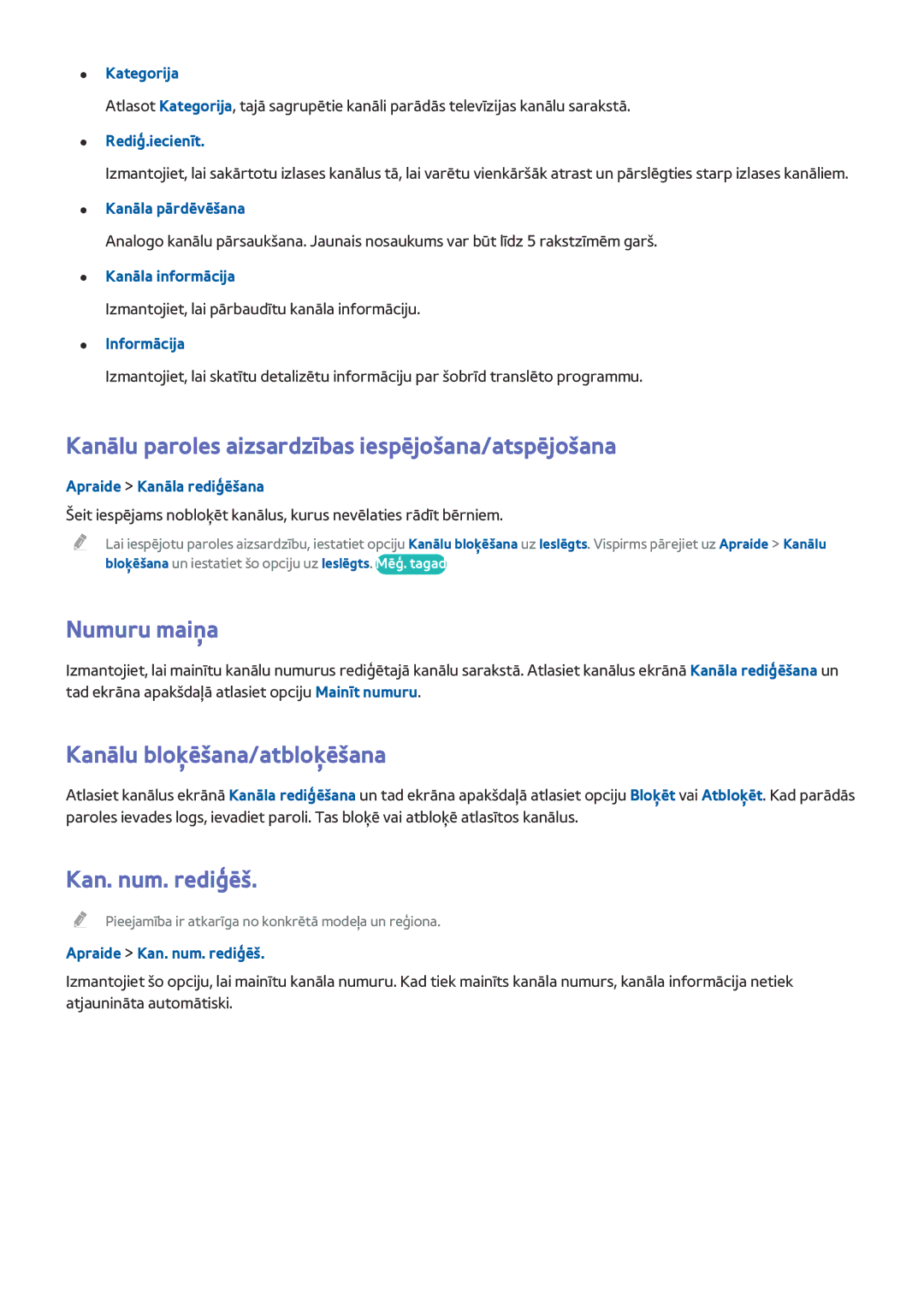 Samsung UE40HU6900UXXH Kanālu paroles aizsardzības iespējošana/atspējošana, Numuru maiņa, Kanālu bloķēšana/atbloķēšana 