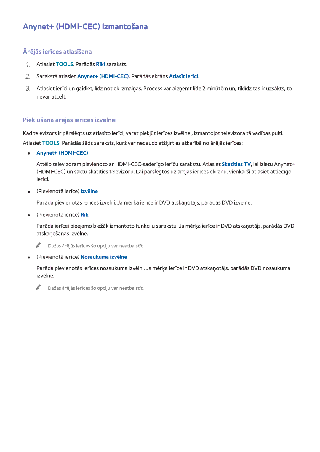 Samsung UE75HU7500TXXH manual Anynet+ HDMI-CEC izmantošana, Ārējās ierīces atlasīšana, Piekļūšana ārējās ierīces izvēlnei 