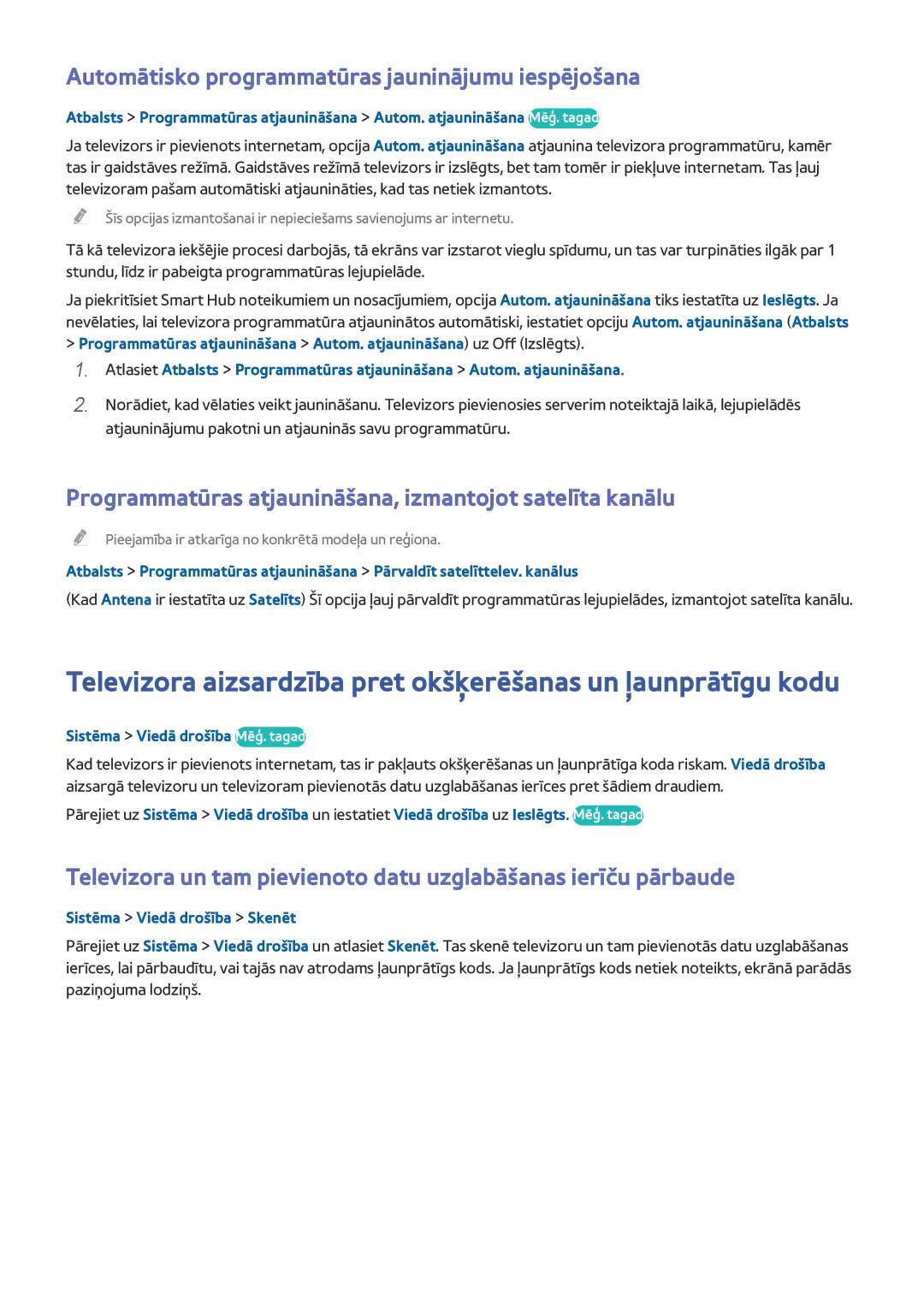 Samsung UE65HU7100SXXH manual Automātisko programmatūras jauninājumu iespējošana, Sistēma Viedā drošība Mēģ. tagad 