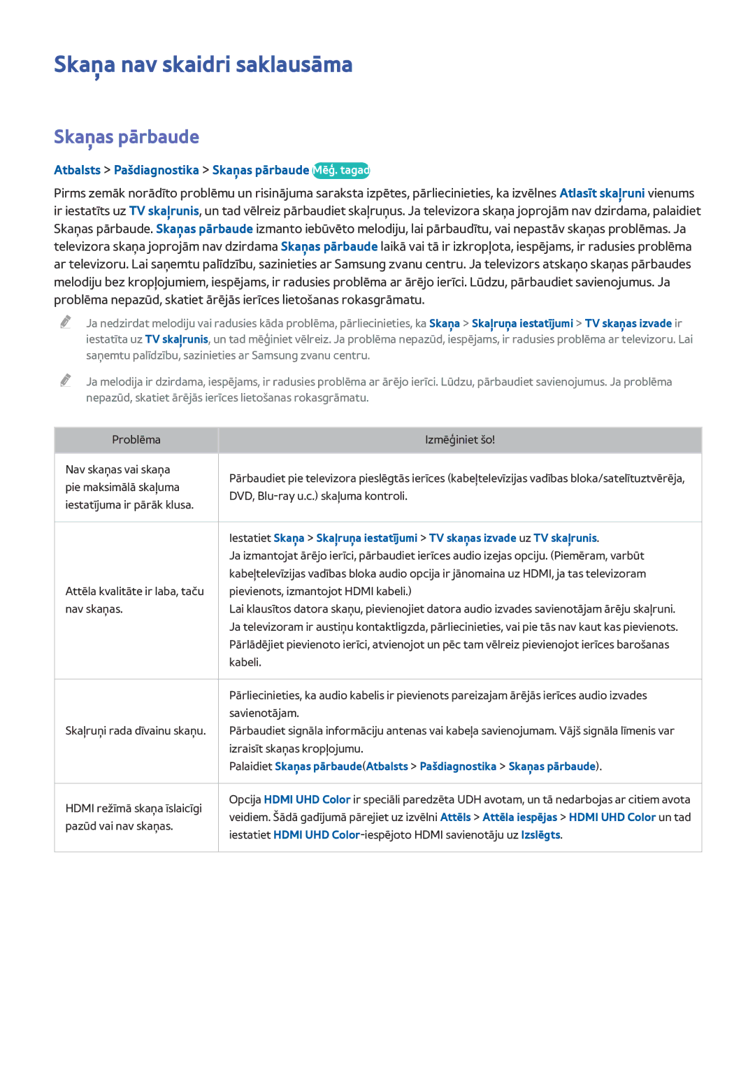 Samsung UE65HU7200SXXH manual Skaņa nav skaidri saklausāma, Atbalsts Pašdiagnostika Skaņas pārbaude Mēģ. tagad 