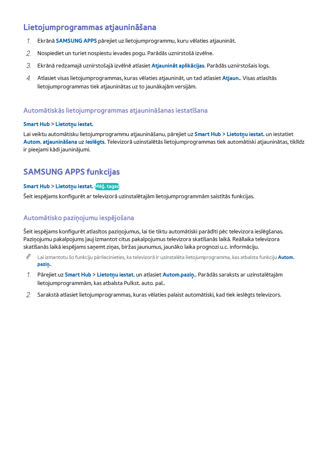 Samsung UE48HU7500TXXH manual Lietojumprogrammas atjaunināšana, Samsung Apps funkcijas, Automātisko paziņojumu iespējošana 