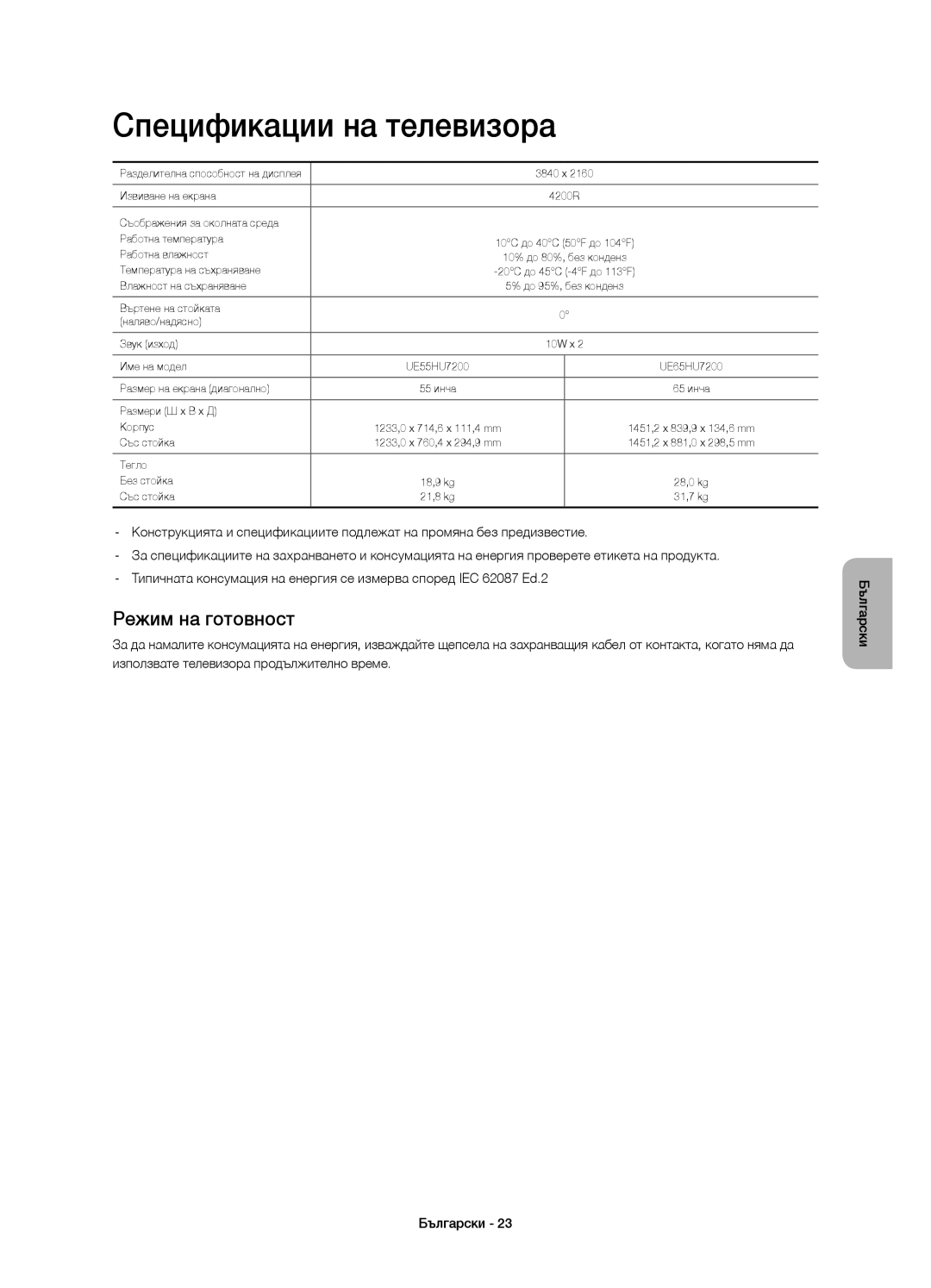 Samsung UE55HU7200SXXN, UE55HU7200SXZG, UE55HU7200SXXH, UE55HU7200SXXC manual Спецификации на телевизора, Режим на готовност 