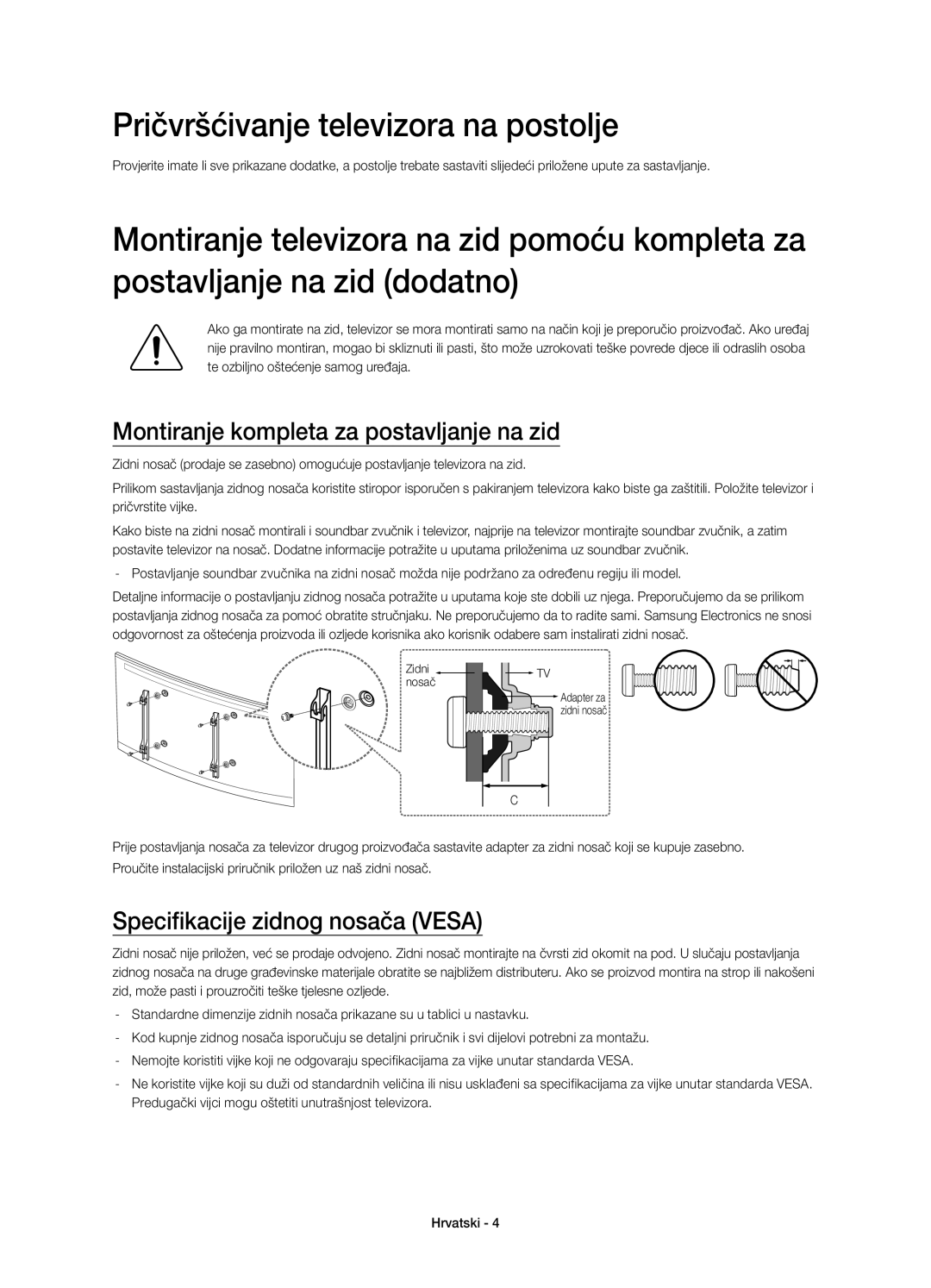 Samsung UE55HU7200UXXU, UE55HU7200SXZG Pričvršćivanje televizora na postolje, Montiranje kompleta za postavljanje na zid 