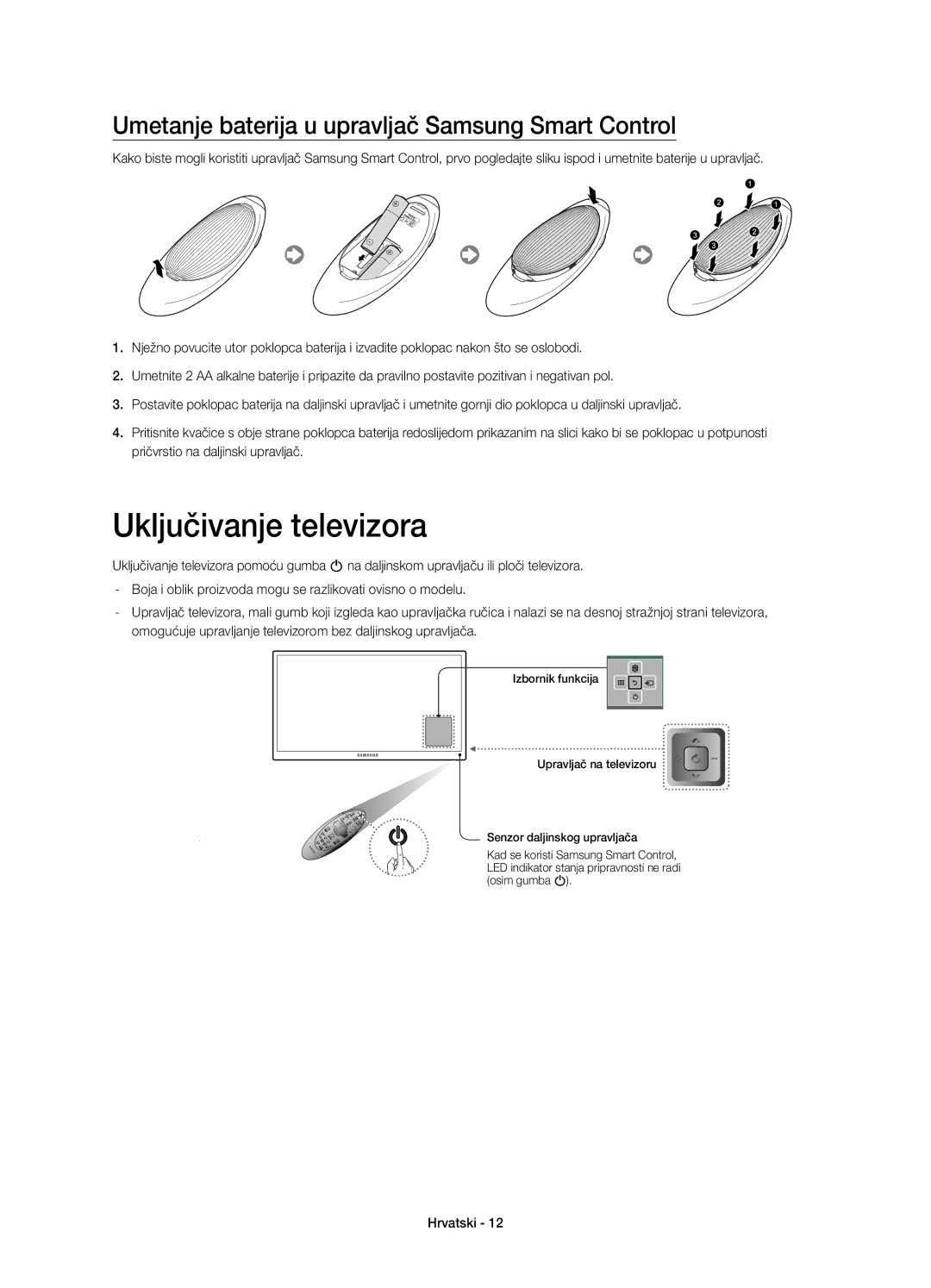 Samsung UE55HU7200SXZF, UE55HU7200SXZG manual Uključivanje televizora, Umetanje baterija u upravljač Samsung Smart Control 