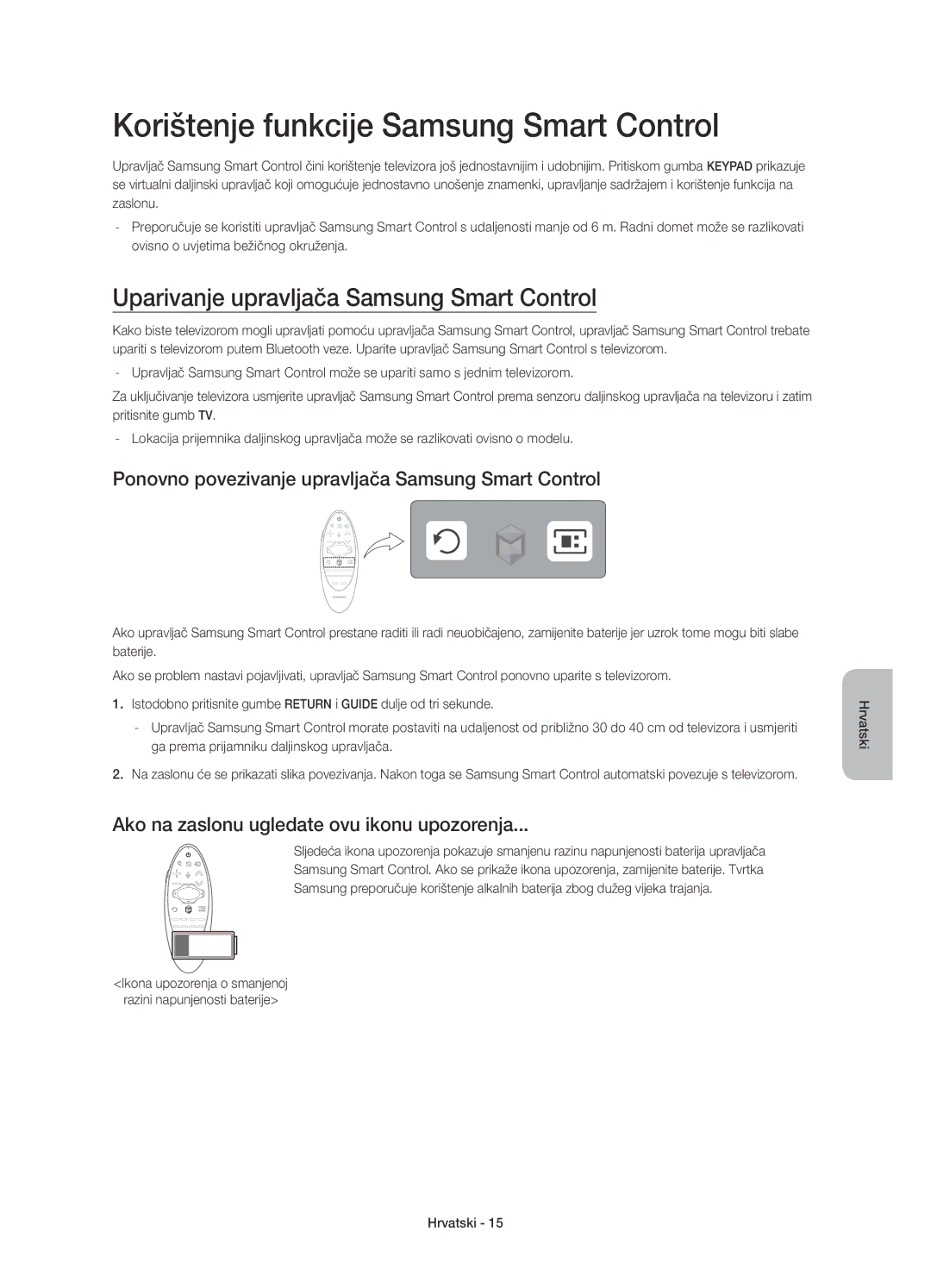 Samsung UE55HU7200UXXH manual Korištenje funkcije Samsung Smart Control, Uparivanje upravljača Samsung Smart Control 