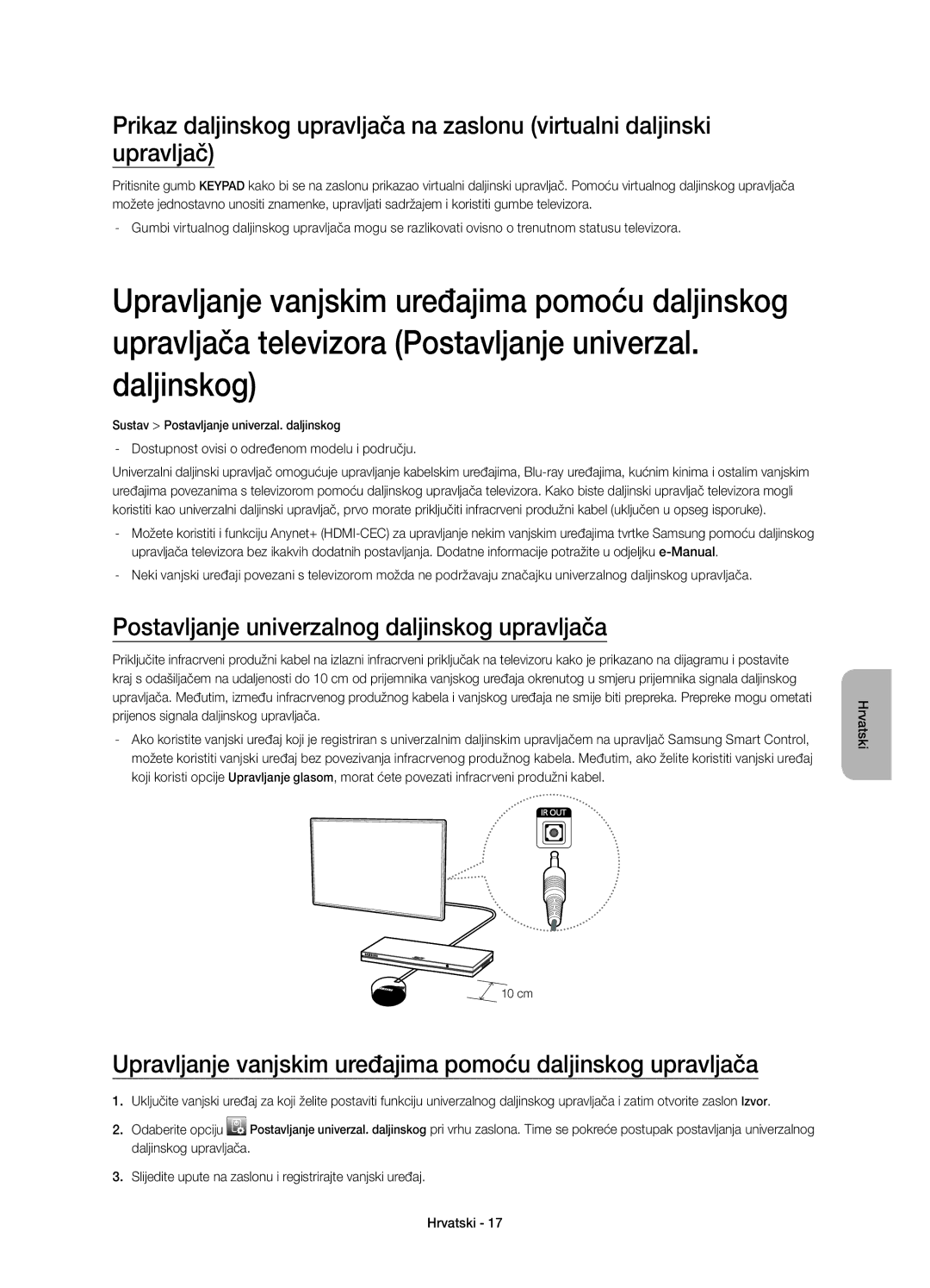 Samsung UE65HU7200SXXN Postavljanje univerzalnog daljinskog upravljača, Dostupnost ovisi o određenom modelu i području 