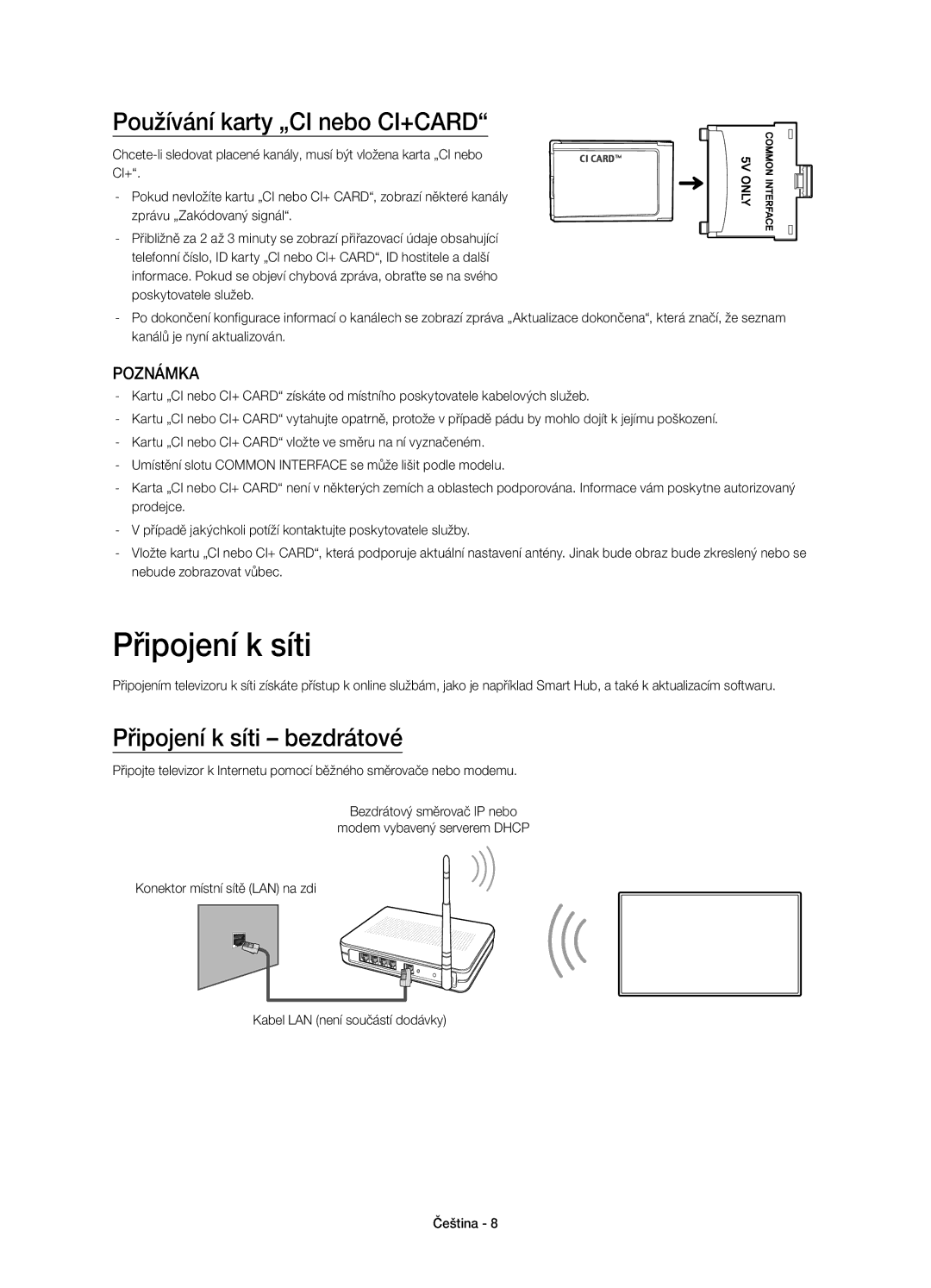 Samsung UE55HU7200UXXU, UE55HU7200SXZG, UE55HU7200SXXH Používání karty „CI nebo CI+CARD, Připojení k síti bezdrátové 