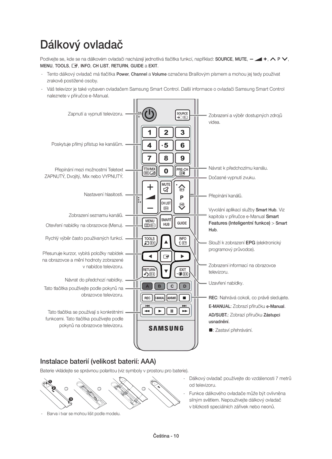 Samsung UE55HU7200SXZG, UE55HU7200SXXH, UE55HU7200SXXC manual Dálkový ovladač, Instalace baterií velikost baterií AAA 