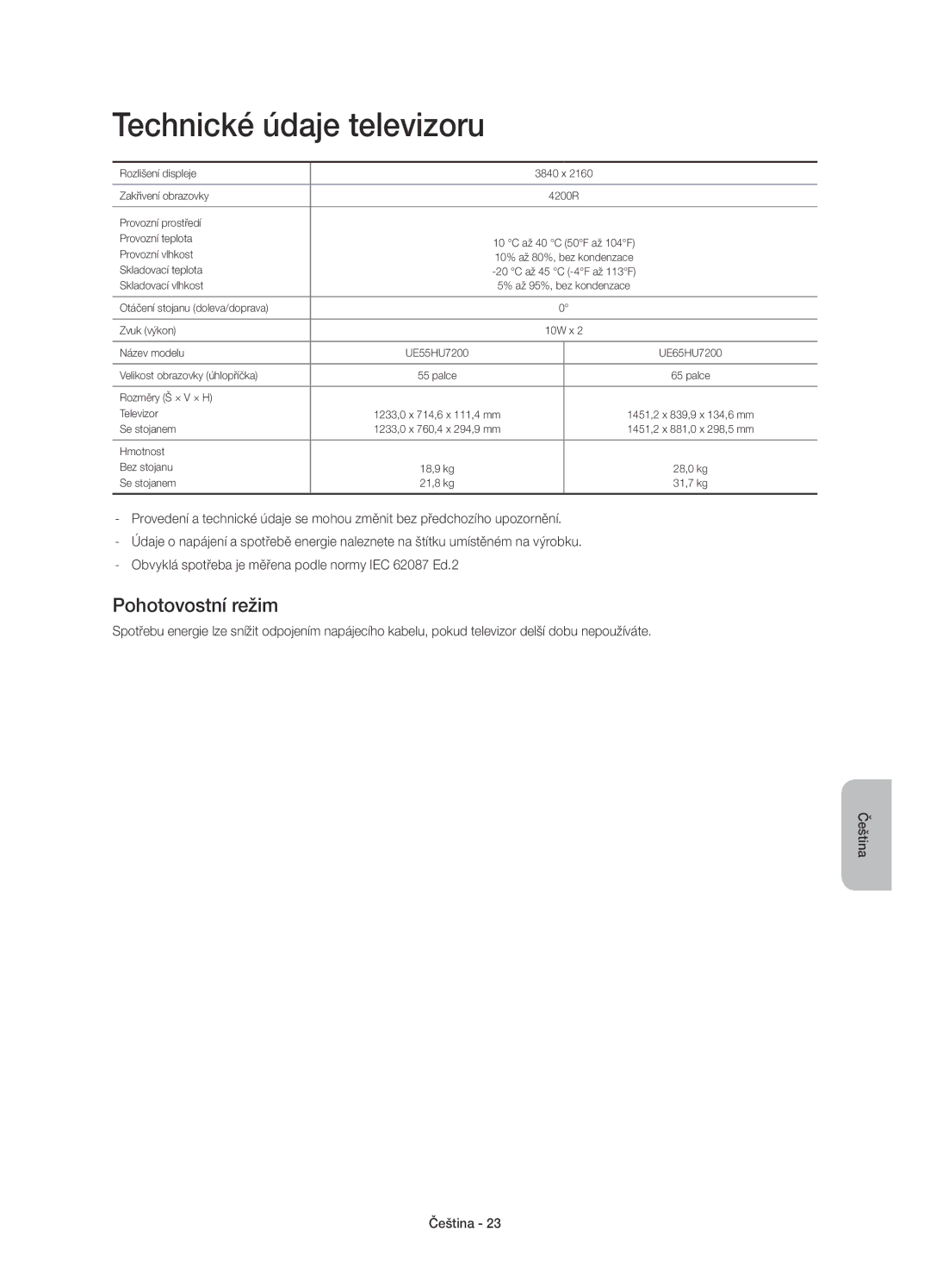 Samsung UE65HU7200UXXU, UE55HU7200SXZG, UE55HU7200SXXH, UE55HU7200SXXC manual Technické údaje televizoru, Pohotovostní režim 