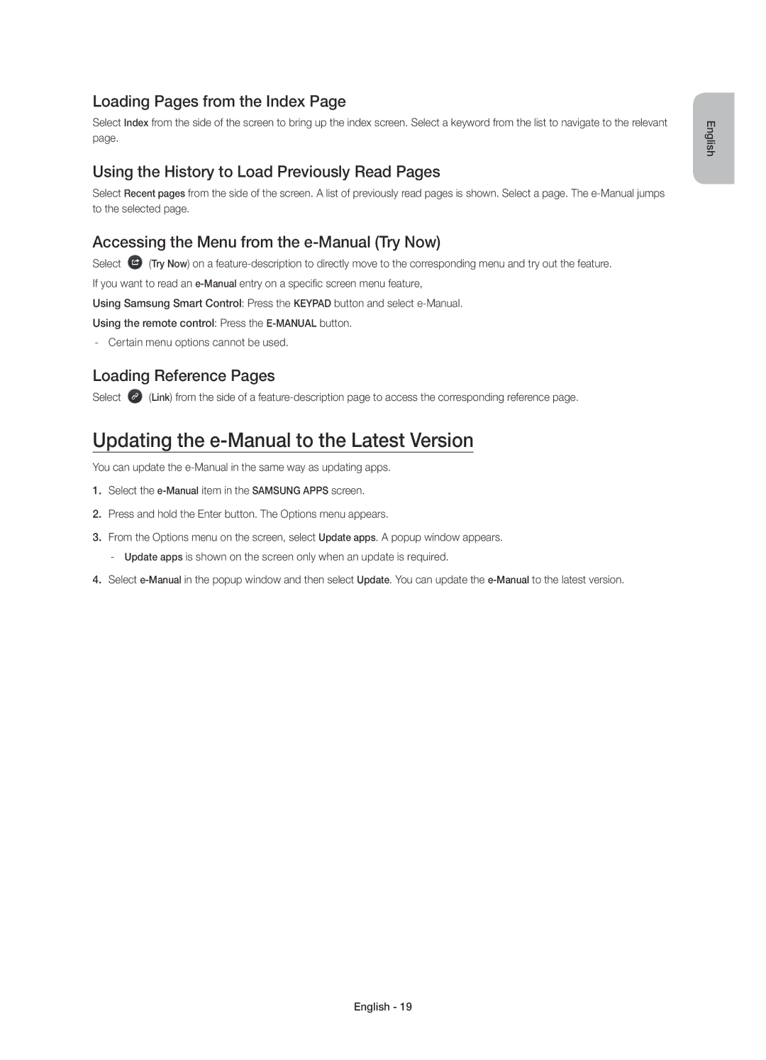 Samsung UE65HU7200SXZF Updating the e-Manual to the Latest Version, Loading Pages from the Index, Loading Reference Pages 