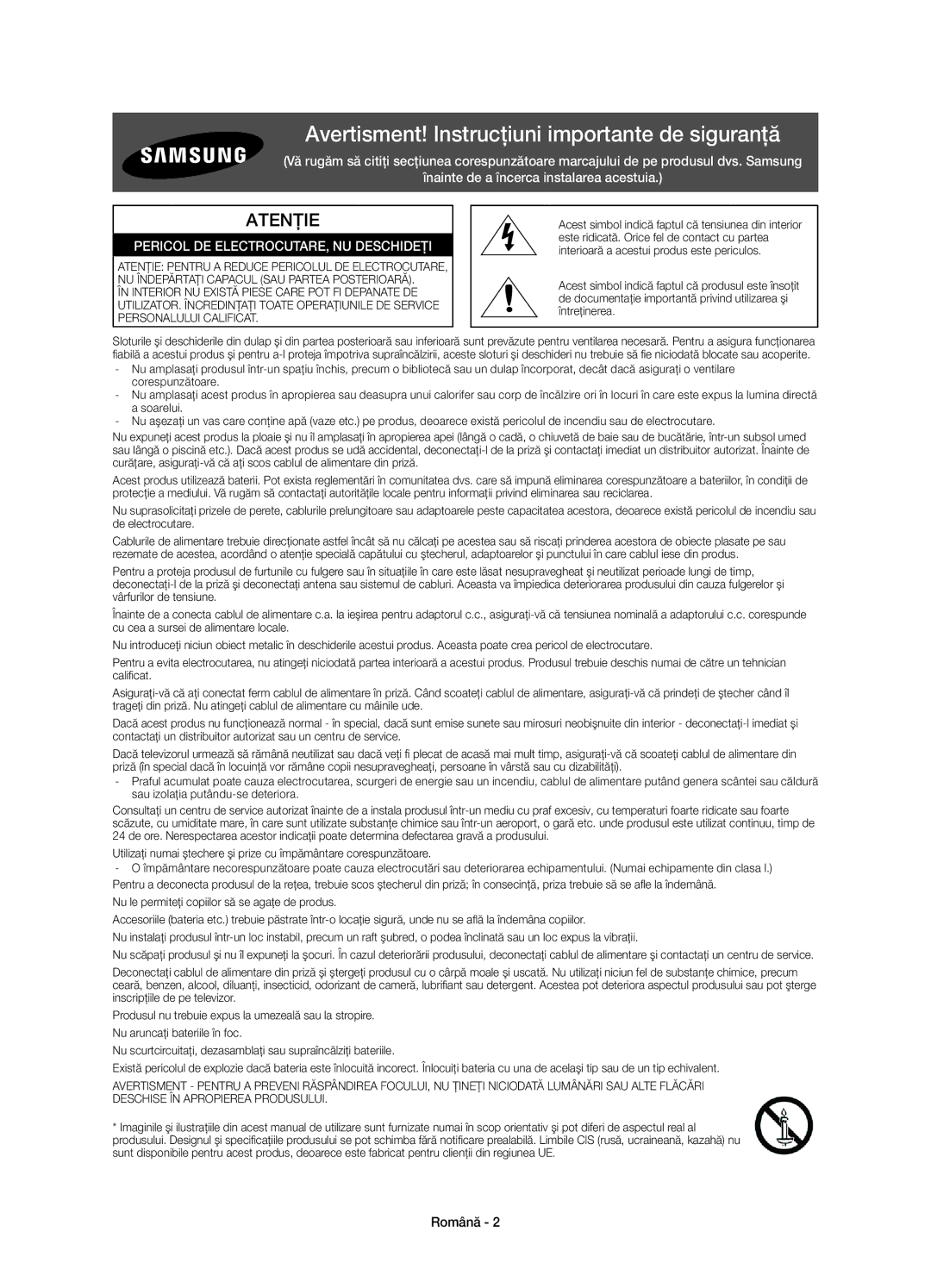 Samsung UE55HU7200UXXU, UE55HU7200SXZG, UE55HU7200SXXH manual Avertisment! Instrucţiuni importante de siguranţă, Română 