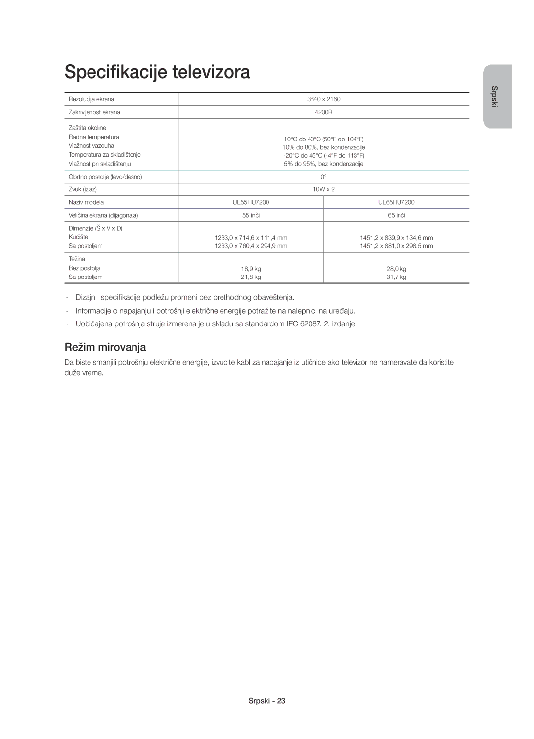 Samsung UE55HU7200SXXH, UE55HU7200SXZG, UE55HU7200SXXC, UE65HU7200SXZG manual Specifikacije televizora, Režim mirovanja 