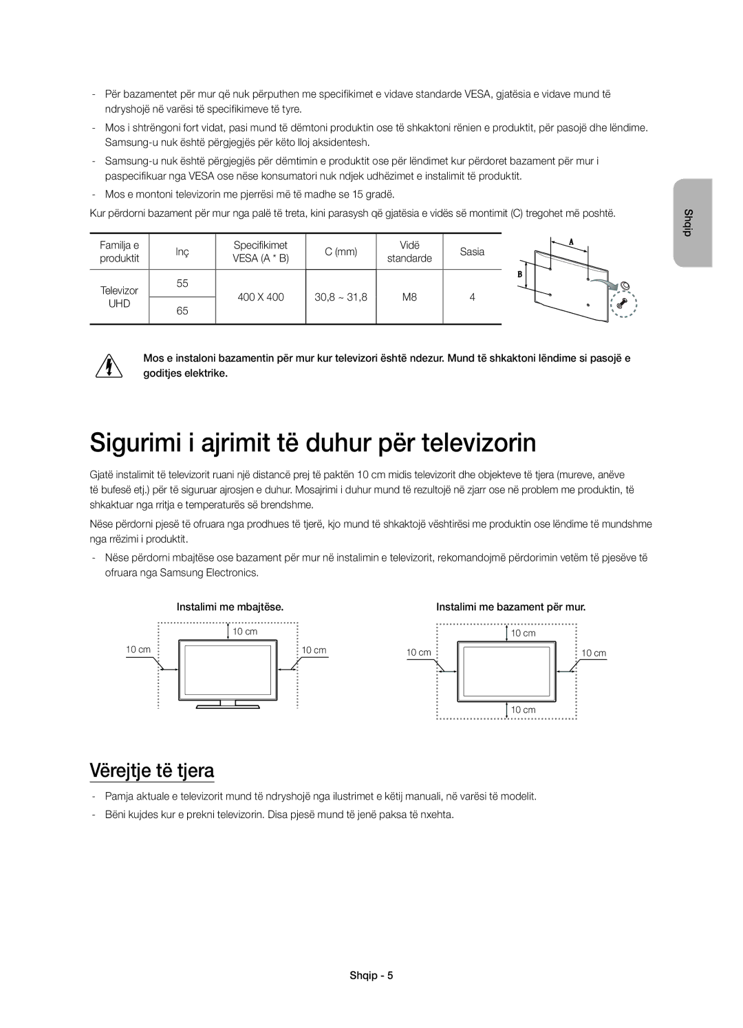 Samsung UE55HU7200SXXN, UE55HU7200SXZG, UE55HU7200SXXH manual Sigurimi i ajrimit të duhur për televizorin, Vërejtje të tjera 