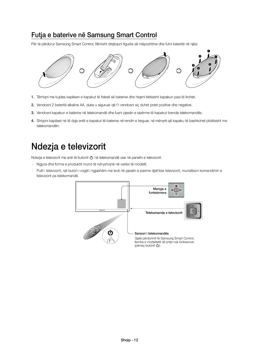 Samsung UE55HU7200SXZG, UE55HU7200SXXH, UE55HU7200SXXC manual Ndezja e televizorit, Futja e baterive në Samsung Smart Control 