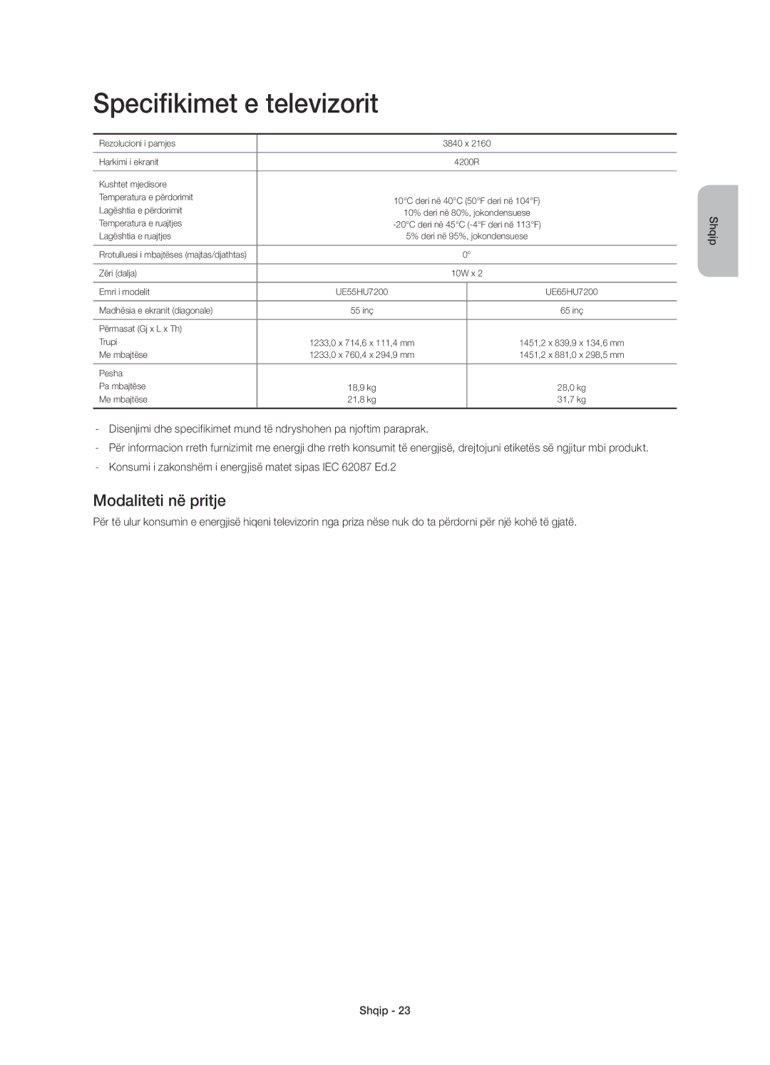 Samsung UE65HU7200SXXN, UE55HU7200SXZG, UE55HU7200SXXH, UE55HU7200SXXC manual Specifikimet e televizorit, Modaliteti në pritje 