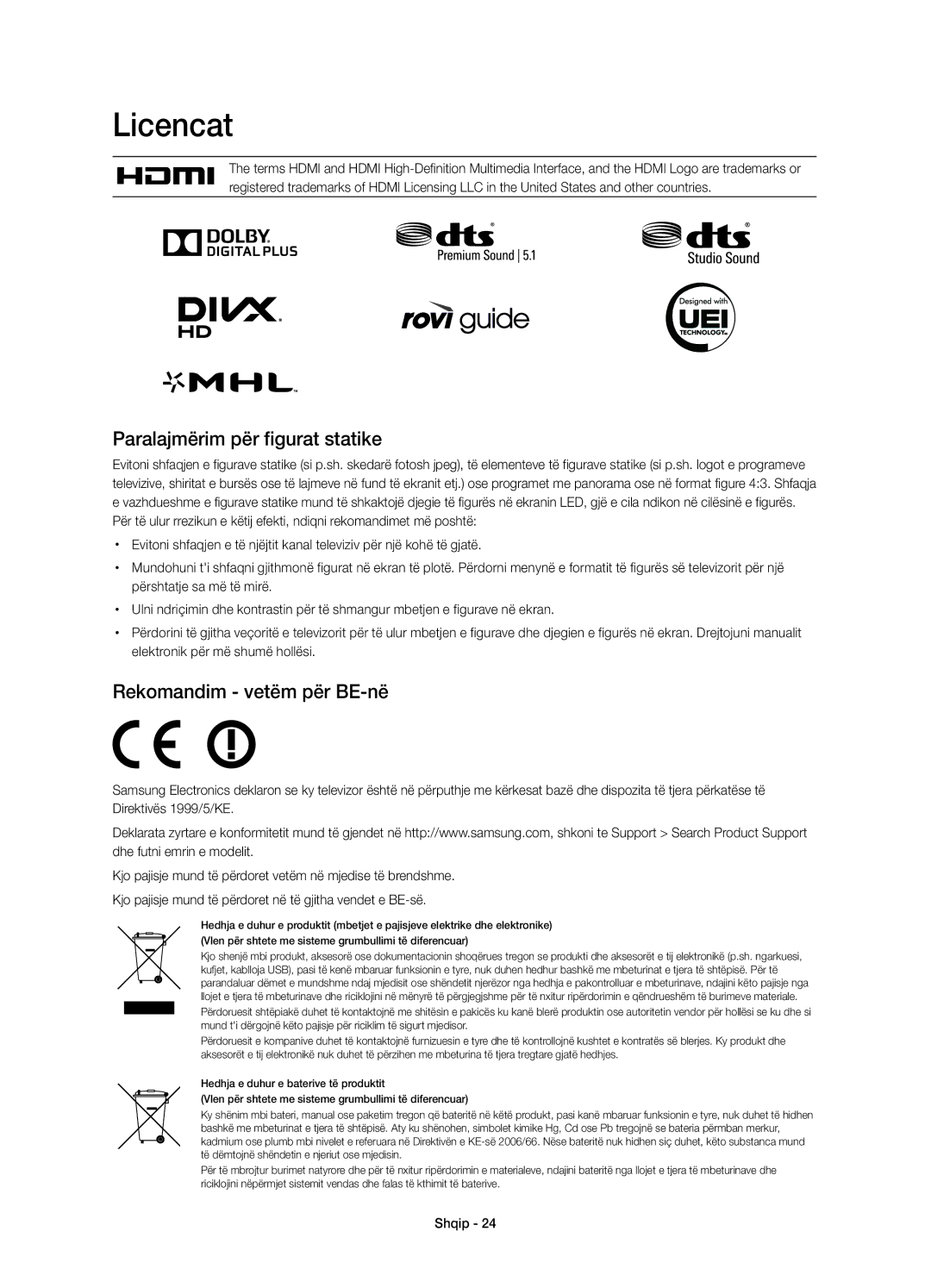 Samsung UE55HU7200UXXU, UE55HU7200SXZG manual Licencat, Paralajmërim për figurat statike, Rekomandim vetëm për BE-në 