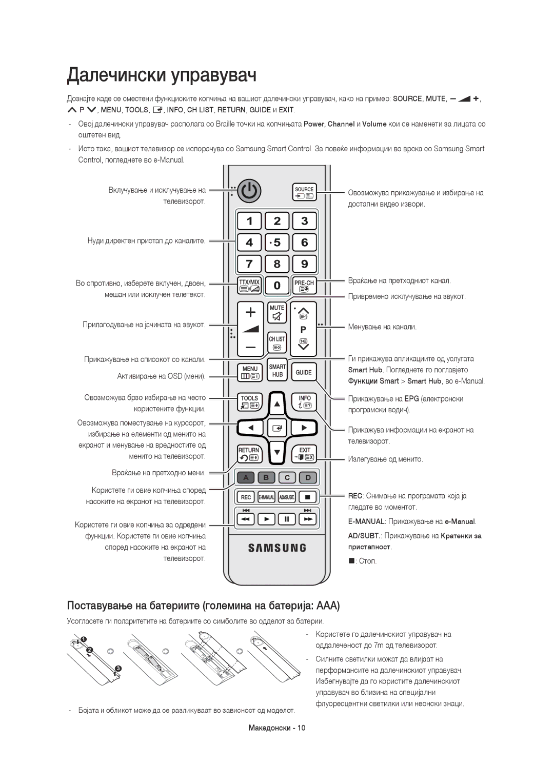 Samsung UE65HU7200SXXC, UE55HU7200SXZG manual Далечински управувач, Поставување на батериите големина на батерија AAA 