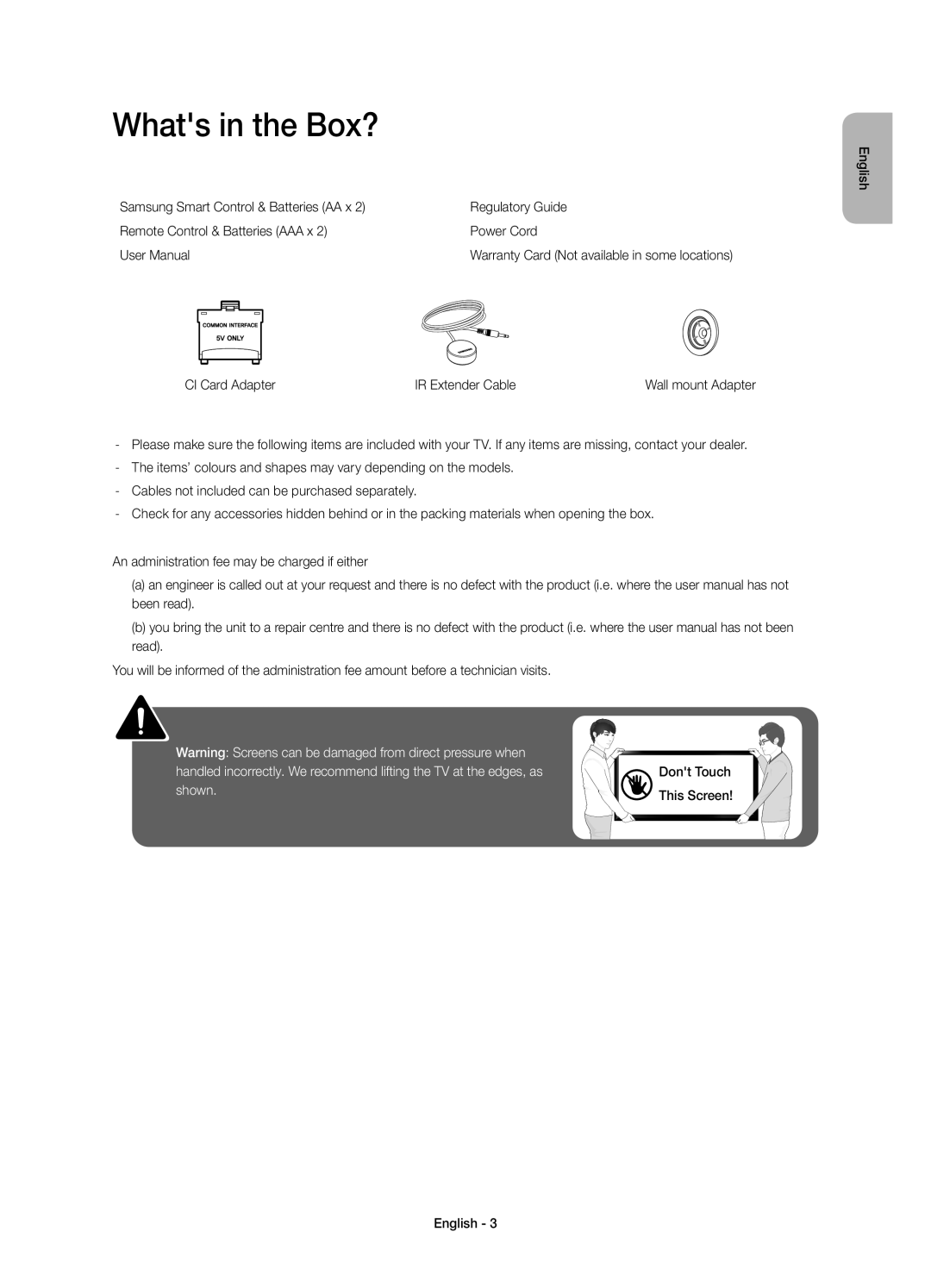 Samsung UE65HU7200SXZG, UE55HU7200SXZG, UE55HU7200SXXH, UE55HU7200SXXC, UE65HU7200SXXH, UE65HU7200SXZF manual Whats in the Box? 