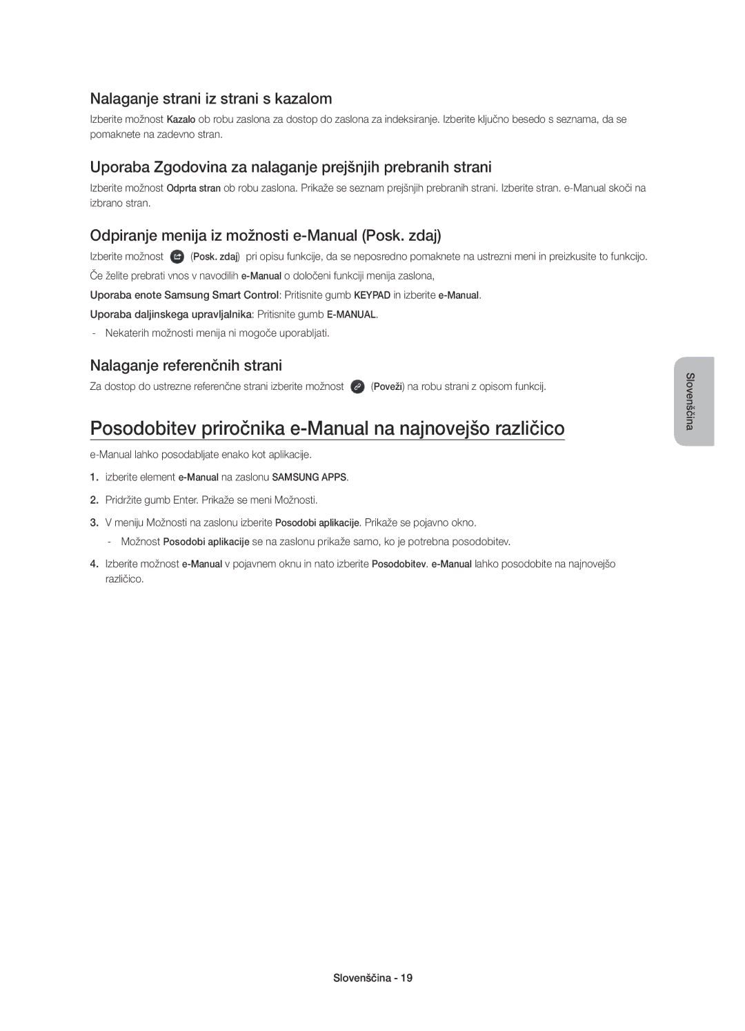 Samsung UE65HU7200UXXU manual Posodobitev priročnika e-Manual na najnovejšo različico, Nalaganje strani iz strani s kazalom 