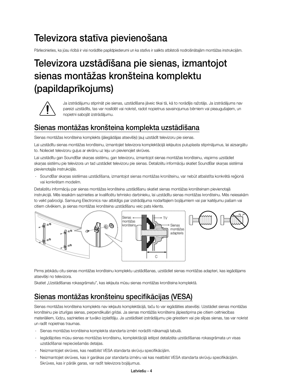 Samsung UE65HU7200SXXC, UE55HU7200SXZG Televizora statīva pievienošana, Sienas montāžas kronšteina komplekta uzstādīšana 