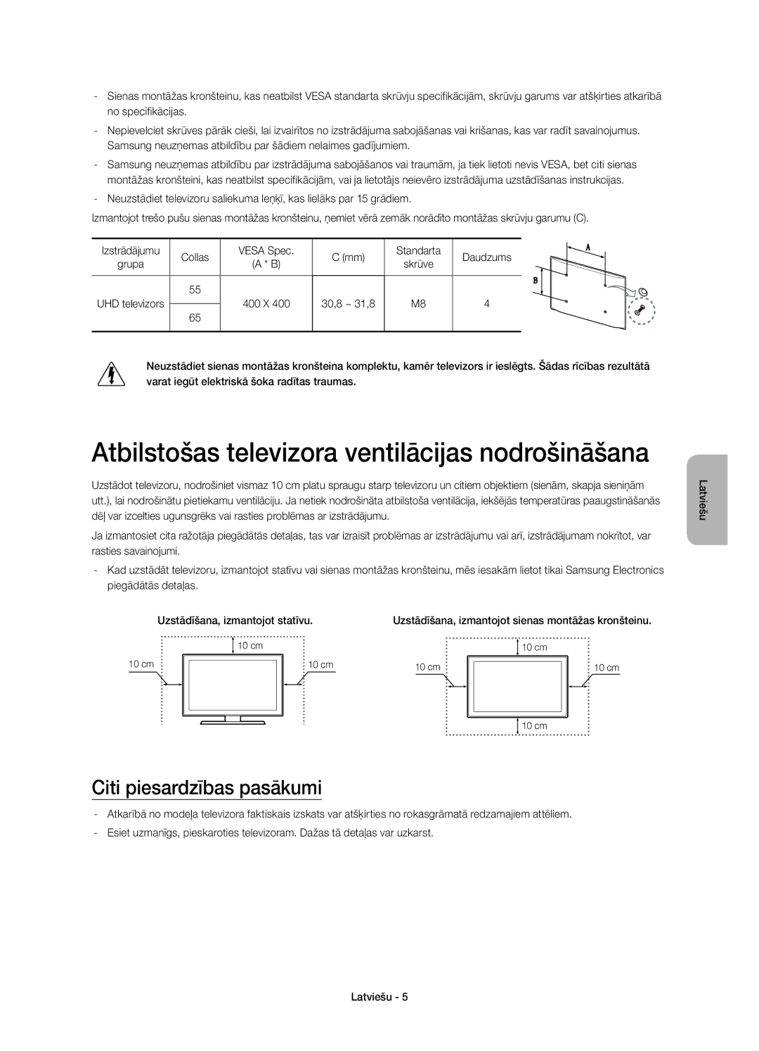 Samsung UE55HU7200UXXH, UE55HU7200SXZG manual Atbilstošas televizora ventilācijas nodrošināšana, Citi piesardzības pasākumi 